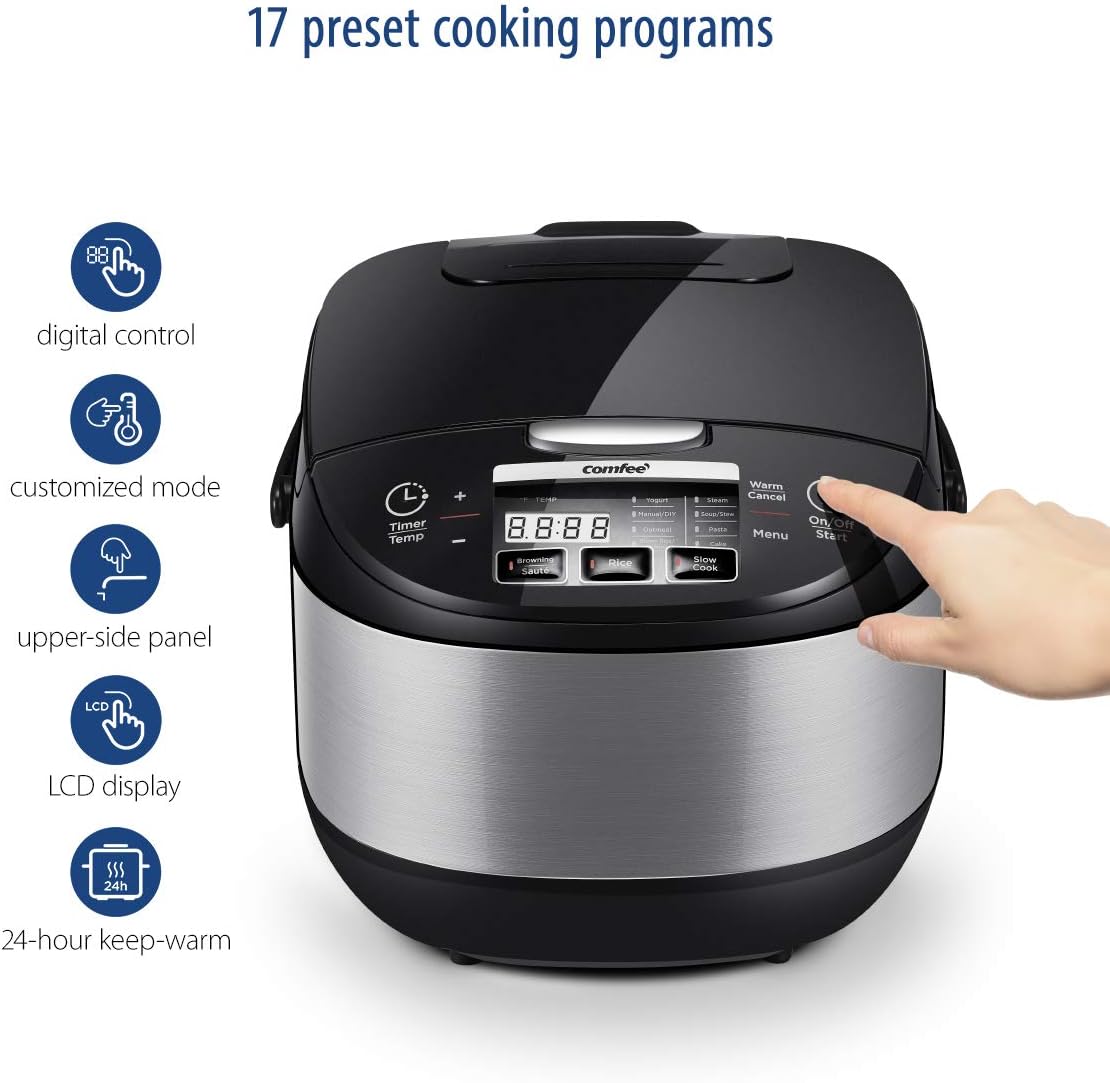 Comfort kitchen' Rice Cooker 12 Cups Cooked/6 Cups Uncooked, Portable Non-Stick Rice Maker, Japanese Rice Cooker with Fuzzy Logic Technology, 24-Hour Timer Delay, 11 Presets, Steamer, Fast Rice Cooker, Grain Cooker, Black
