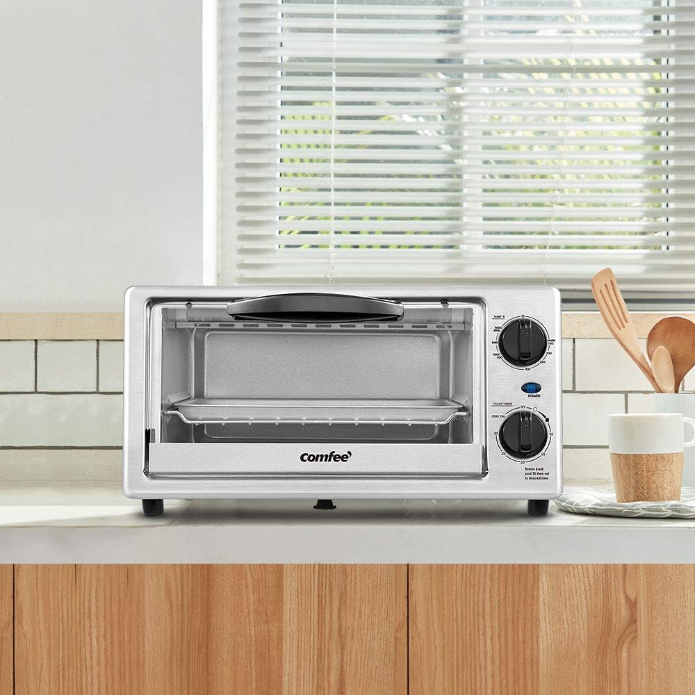 Comfort kitchen' Toaster Oven Countertop, Small Toaster Ovens Combo 4 slice, Mini Oven for 9" Pizza, Compact Oven 2 Racks for Toast, Bake, Broil, 950W, Black, CTO-E101A(BK)