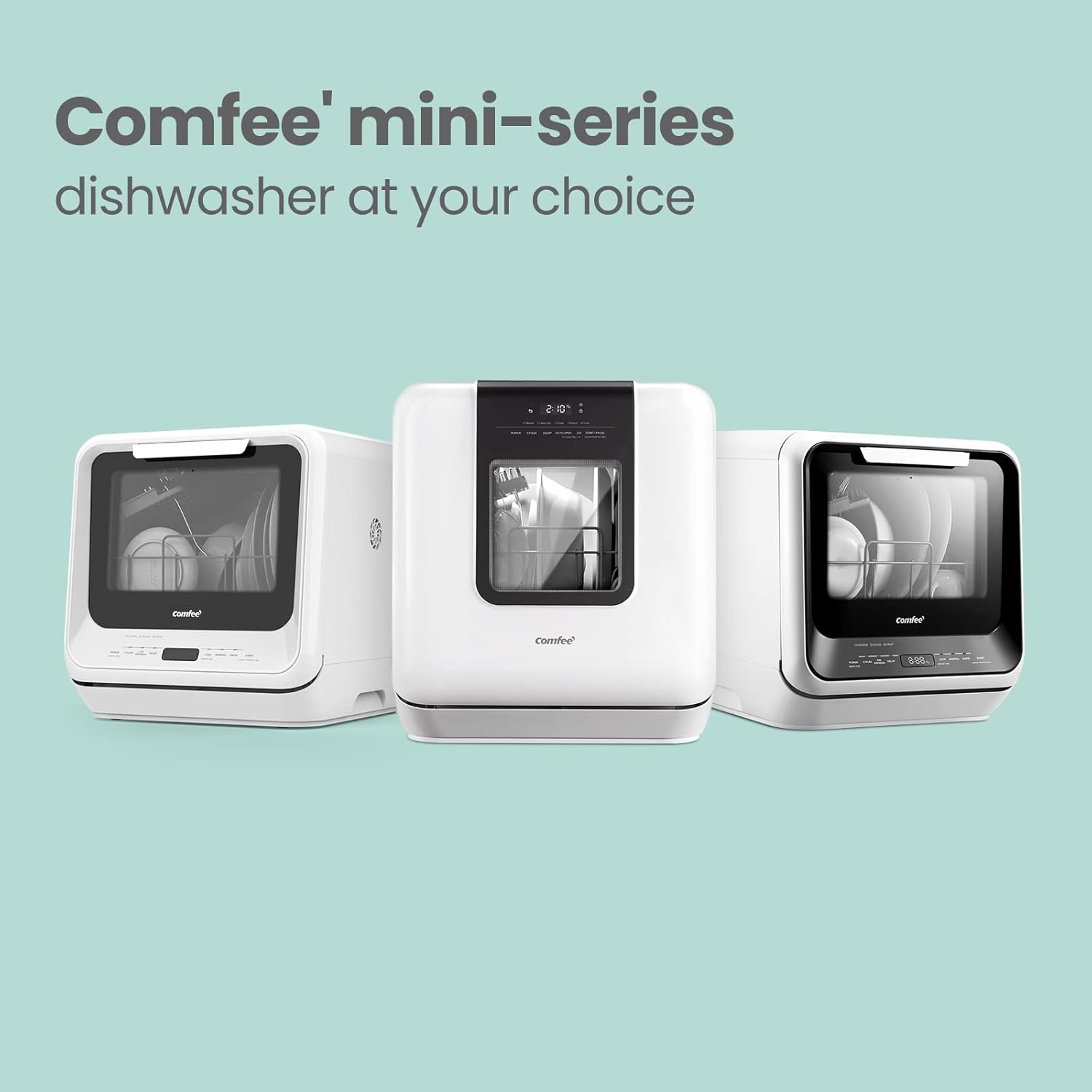 Comfort kitchen' Portable Mini Dishwasher Countertop with 5L Built-in Water Tank for Apartments& RVs, No Hookup Needed, 6 Programs, 360° Dual Spray, 162℉ High-Temp& Air-Dry Function