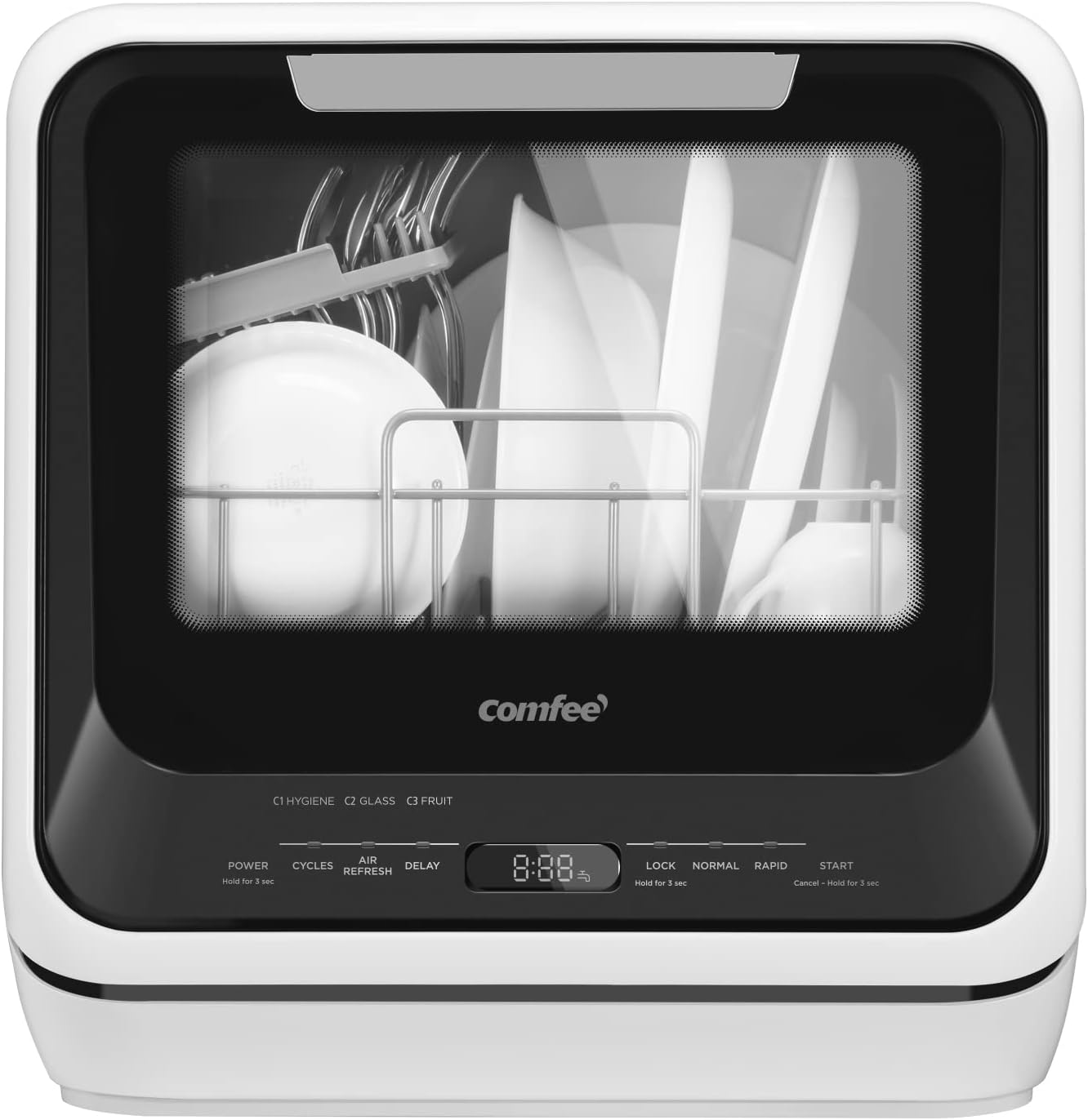 Comfort kitchen' Portable Mini Dishwasher Countertop with 5L Built-in Water Tank for Apartments& RVs, No Hookup Needed, 6 Programs, 360° Dual Spray, 162℉ High-Temp& Air-Dry Function