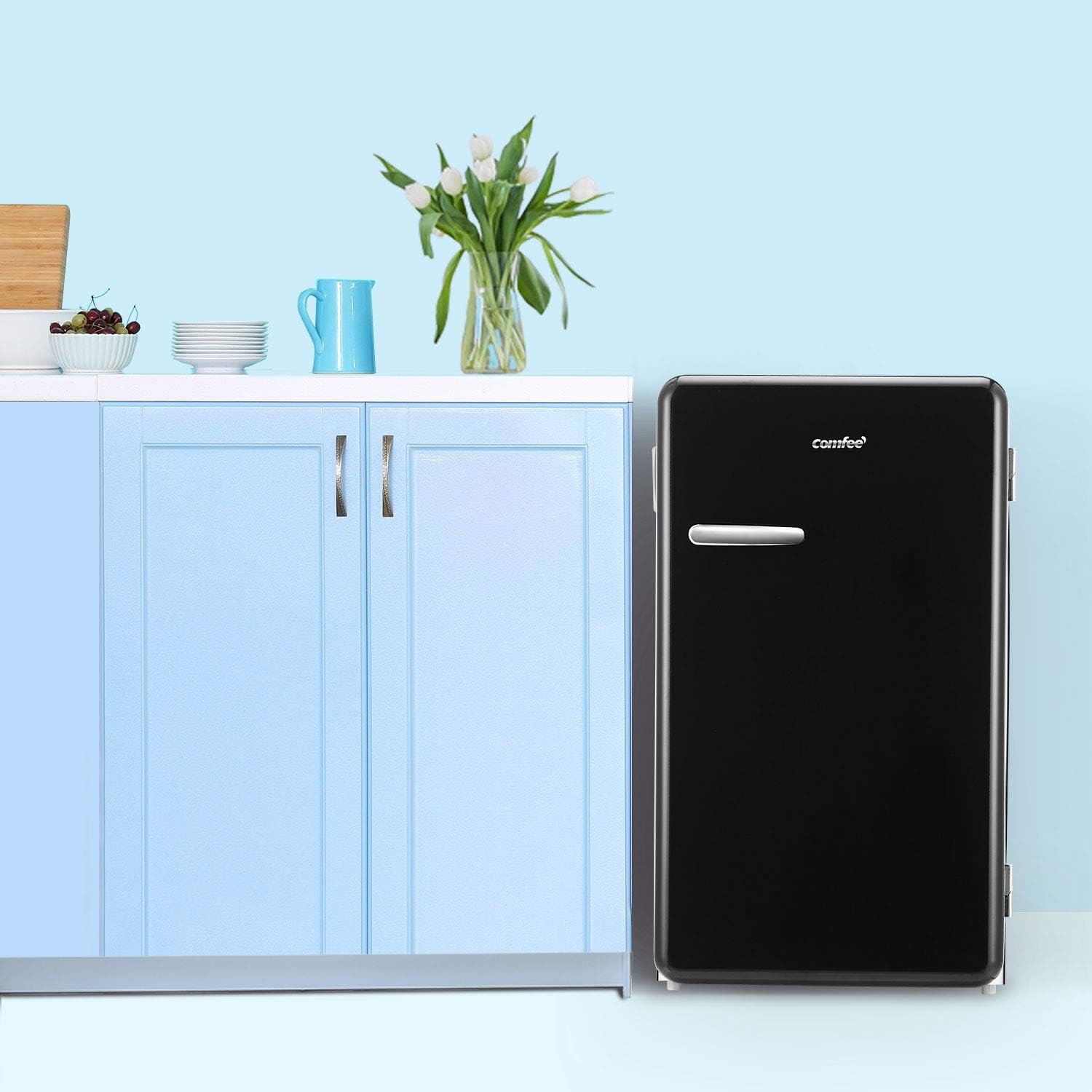 Comfort kitchen 3.3 Cubic Feet Solo Series Retro Refrigerator Sleek Appearance HIPS Interior, Energy Saving, Adjustable Legs, Temperature Thermostat Dial, Removable Shelf, Perfect for Home/Dorm/Garage [Black]