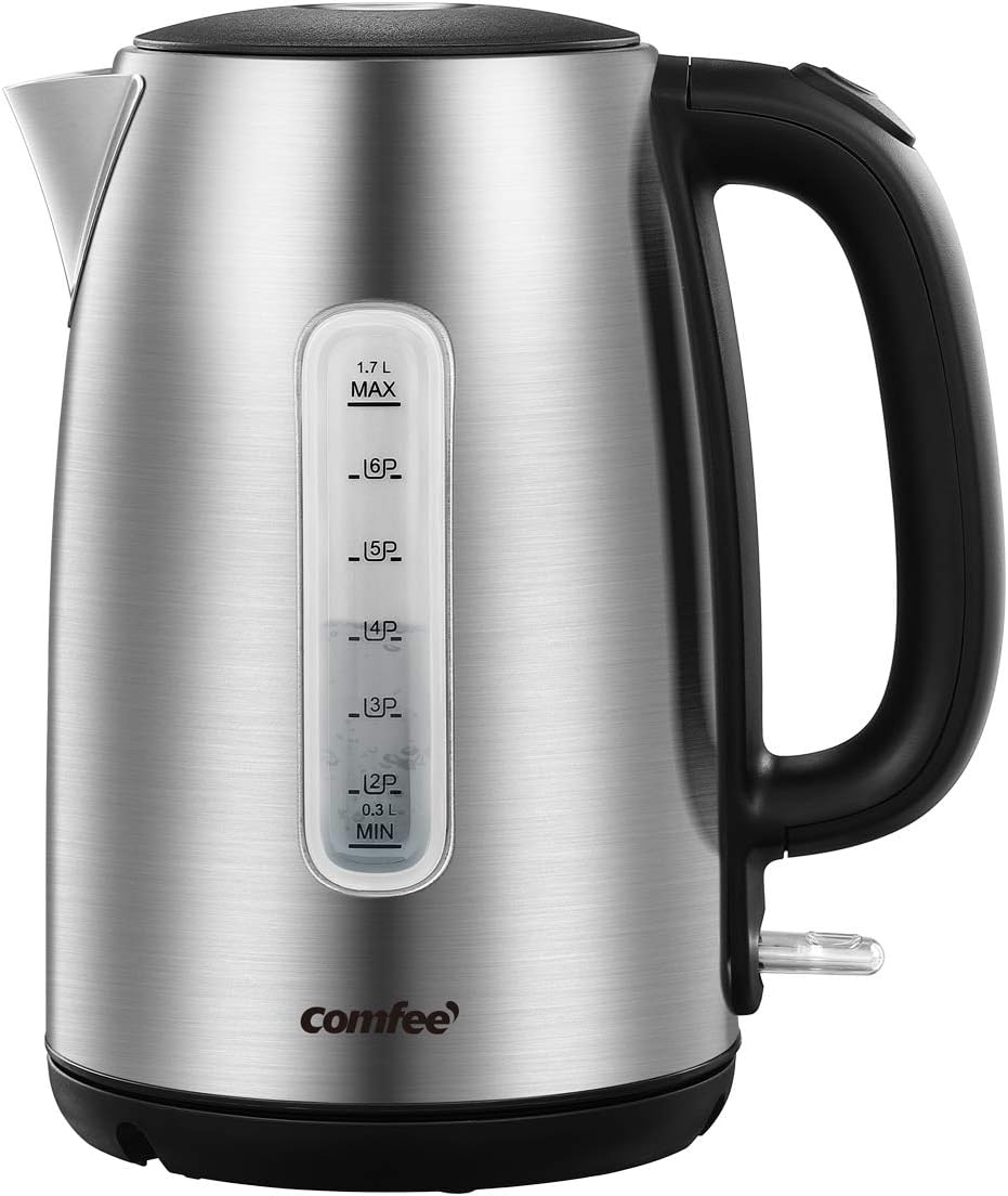 Comfort kitchen' 1.7L Double Wall Electric Tea Kettle and Kettle Water Boiler, 100% Stainless Steel Interior & Lid & Spout, Two-Level Wide Open Lid, 1500W Fast Boiling, Auto-Off and Boil-Dry Protection