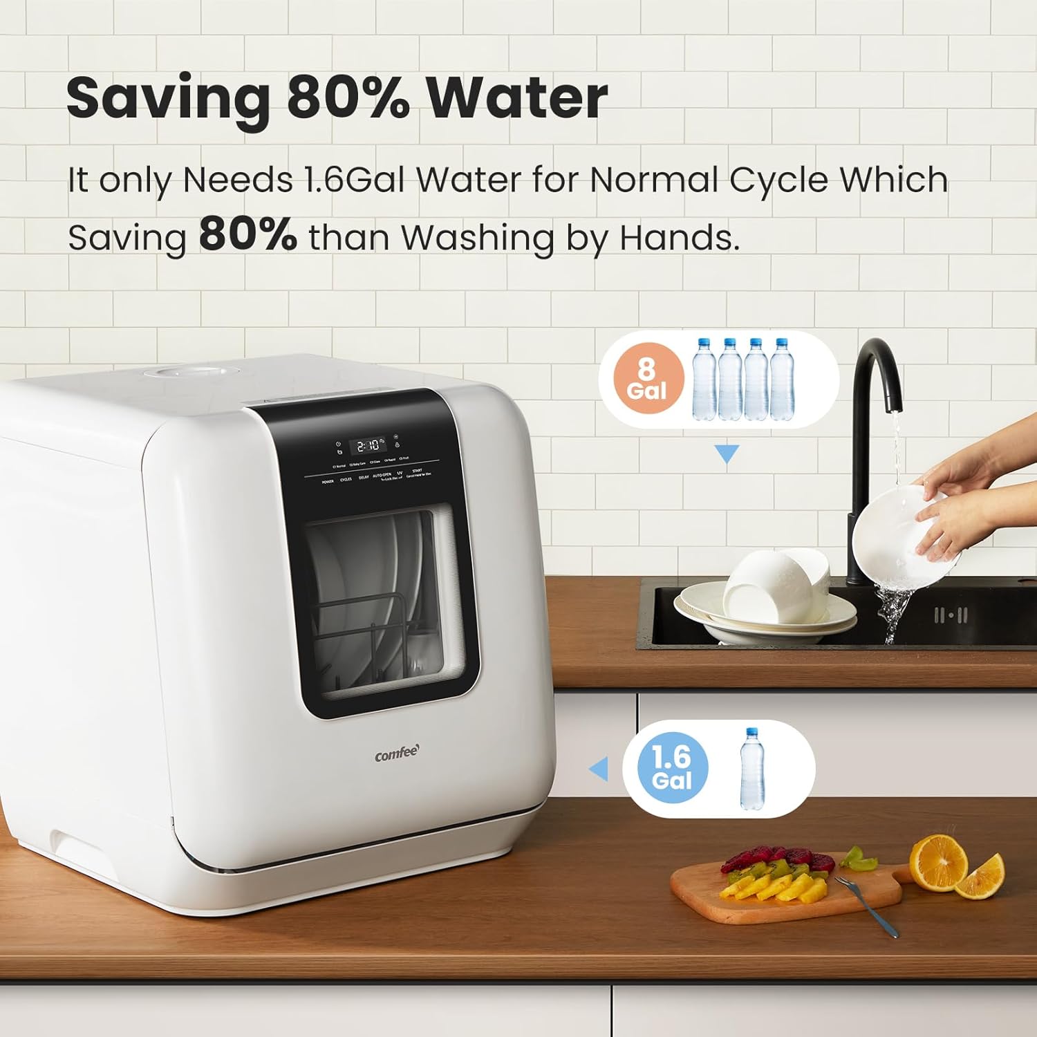 Comfort kitchen' Portable Mini Dishwasher Countertop with 5L Built-in Water Tank for Apartments& RVs, No Hookup Needed, 6 Programs, 360° Dual Spray, 162℉ High-Temp& Air-Dry Function