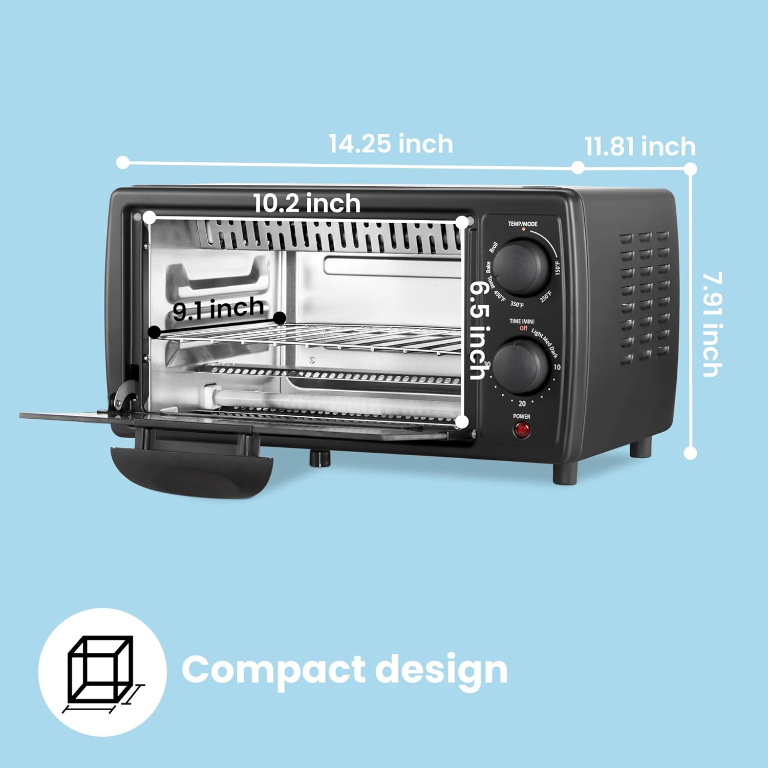 Comfort kitchen' Toaster Oven Countertop, Small Toaster Ovens Combo 4 slice, Mini Oven for 9" Pizza, Compact Oven 2 Racks for Toast, Bake, Broil, 950W, Black, CTO-E101A(BK)