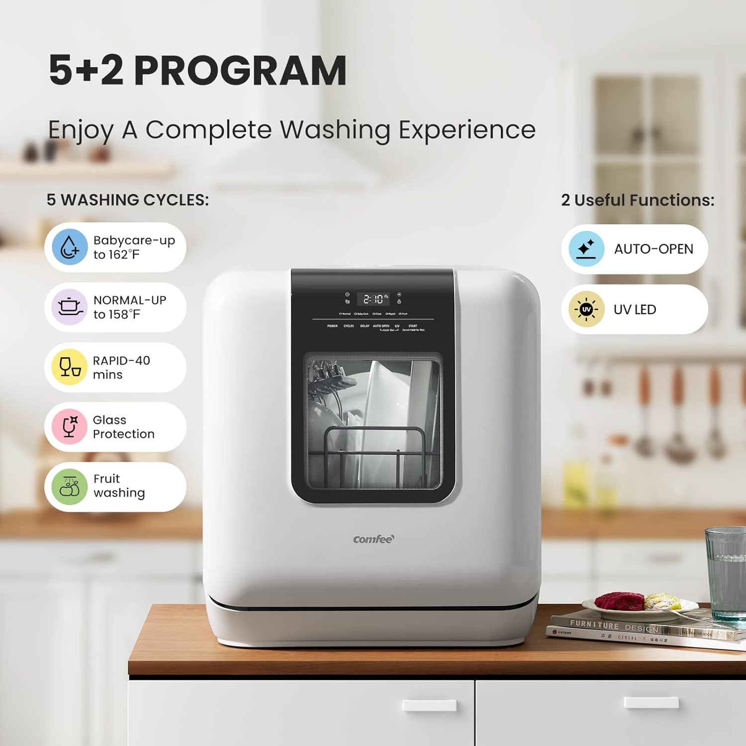 Comfort kitchen' Portable Mini Dishwasher Countertop with 5L Built-in Water Tank for Apartments& RVs, No Hookup Needed, 6 Programs, 360° Dual Spray, 162℉ High-Temp& Air-Dry Function