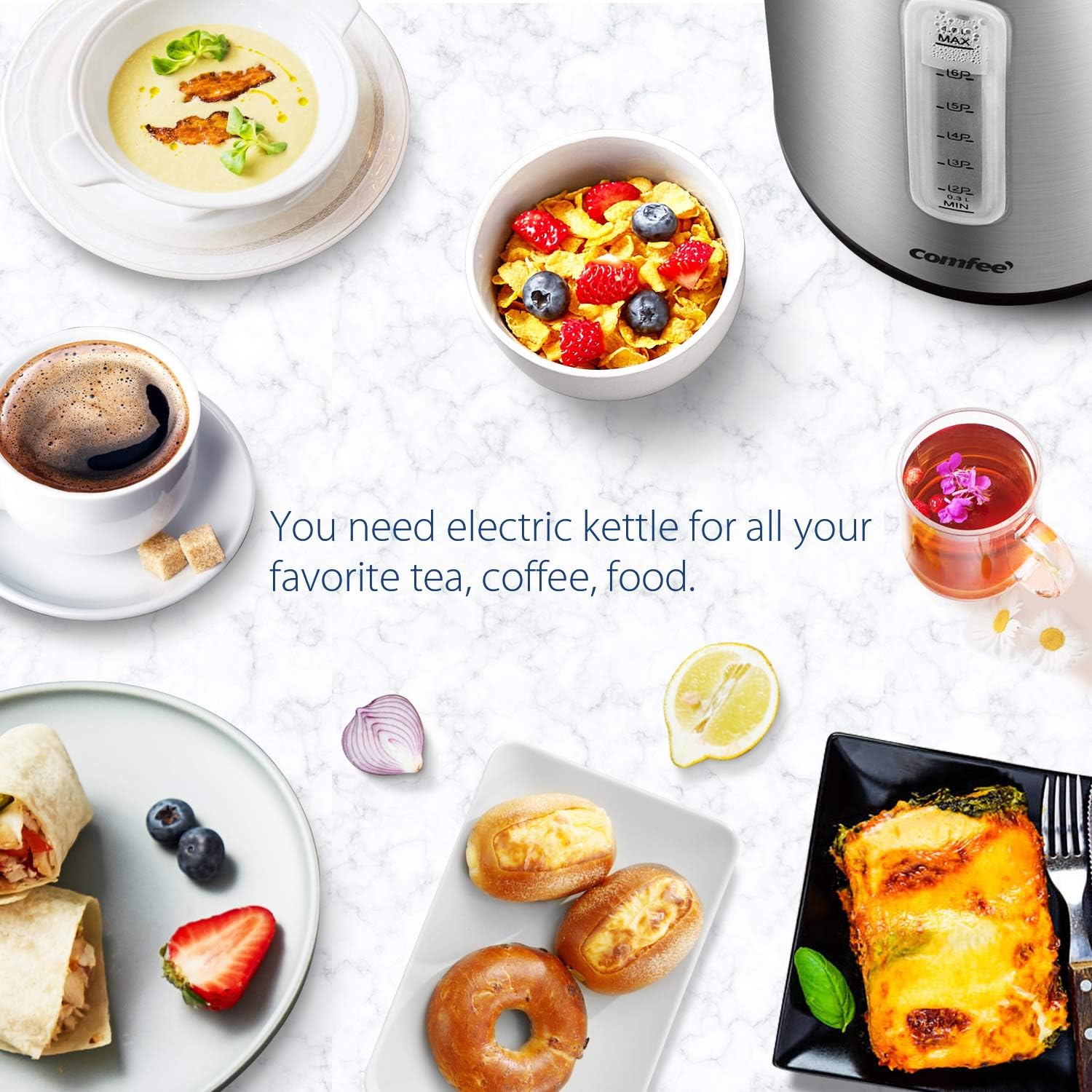 Comfort kitchen' 1.7L Double Wall Electric Tea Kettle and Kettle Water Boiler, 100% Stainless Steel Interior & Lid & Spout, Two-Level Wide Open Lid, 1500W Fast Boiling, Auto-Off and Boil-Dry Protection