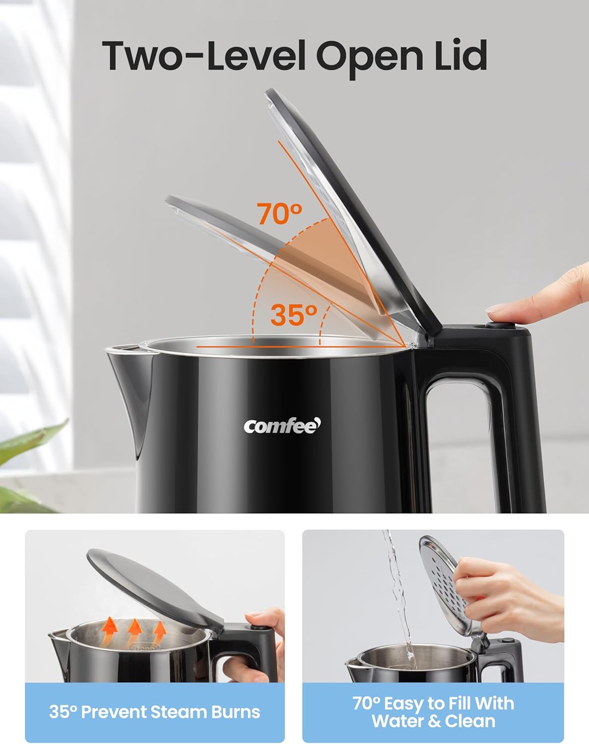 Comfort kitchen' 1.7L Double Wall Electric Tea Kettle and Kettle Water Boiler, 100% Stainless Steel Interior & Lid & Spout, Two-Level Wide Open Lid, 1500W Fast Boiling, Auto-Off and Boil-Dry Protection
