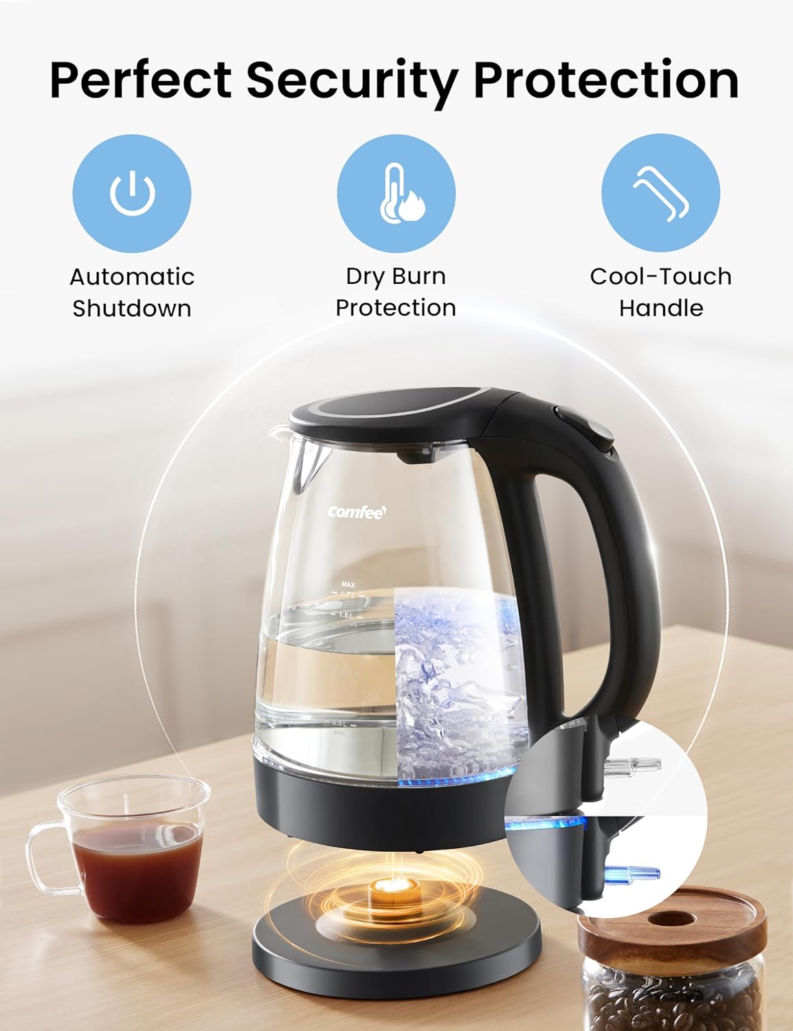 Comfort kitchen' 1.7L Double Wall Electric Tea Kettle and Kettle Water Boiler, 100% Stainless Steel Interior & Lid & Spout, Two-Level Wide Open Lid, 1500W Fast Boiling, Auto-Off and Boil-Dry Protection