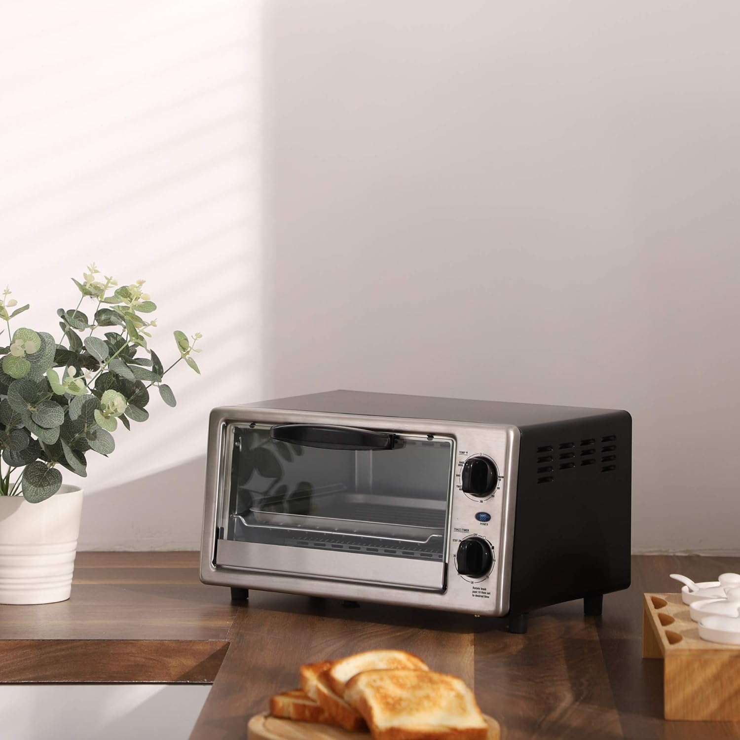 Comfort kitchen' Toaster Oven Countertop, Small Toaster Ovens Combo 4 slice, Mini Oven for 9" Pizza, Compact Oven 2 Racks for Toast, Bake, Broil, 950W, Black, CTO-E101A(BK)