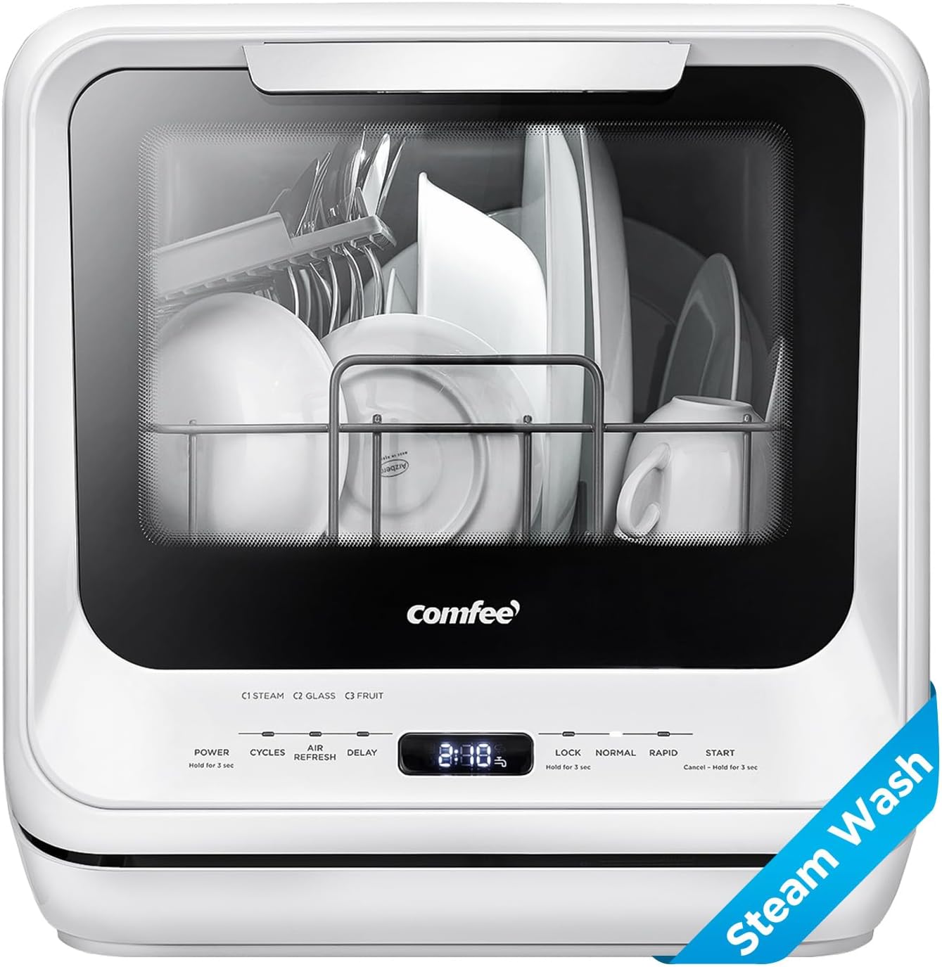 Comfort kitchen' Portable Mini Dishwasher Countertop with 5L Built-in Water Tank for Apartments& RVs, No Hookup Needed, 6 Programs, 360° Dual Spray, 162℉ High-Temp& Air-Dry Function