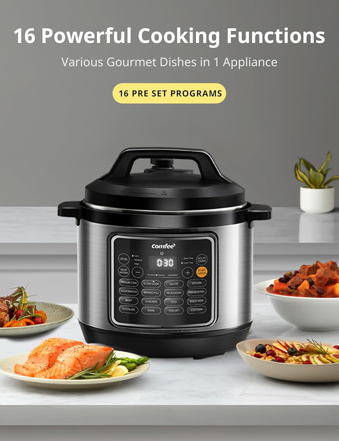 Comfort kitchen’ Pressure Cooker 6 Quart with 13 Cooking Functions, Olla de Presion Non-Stick Pot Yogurt Maker Rice Cooker Slow Cooker Sauté Steamer, Healthy Ceramic Inner Pot
