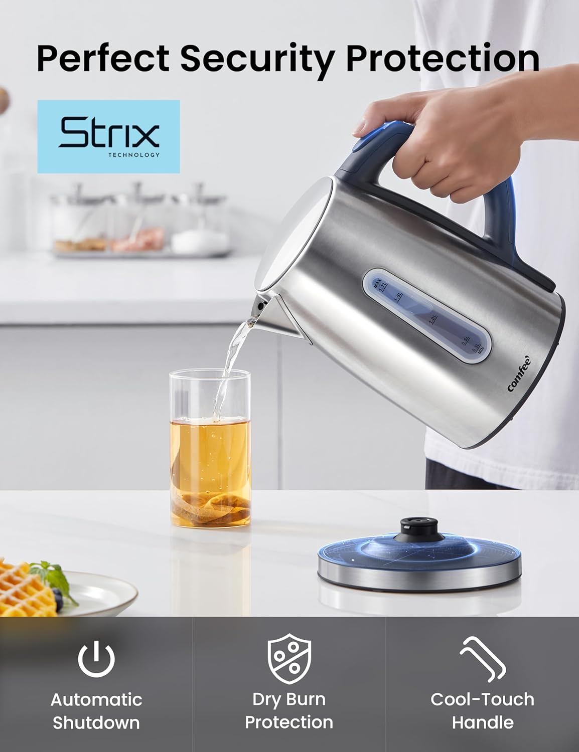 Comfort kitchen' 1.7L Double Wall Electric Tea Kettle and Kettle Water Boiler, 100% Stainless Steel Interior & Lid & Spout, Two-Level Wide Open Lid, 1500W Fast Boiling, Auto-Off and Boil-Dry Protection