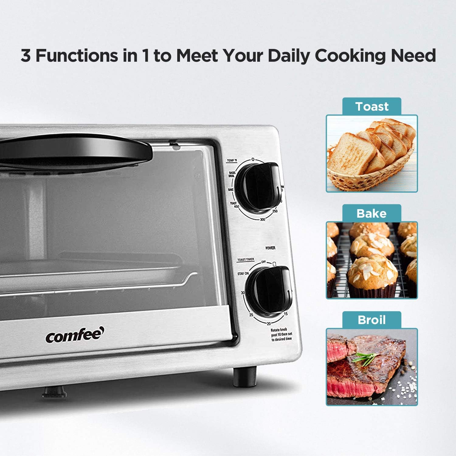 Comfort kitchen' Toaster Oven Countertop, Small Toaster Ovens Combo 4 slice, Mini Oven for 9" Pizza, Compact Oven 2 Racks for Toast, Bake, Broil, 950W, Black, CTO-E101A(BK)