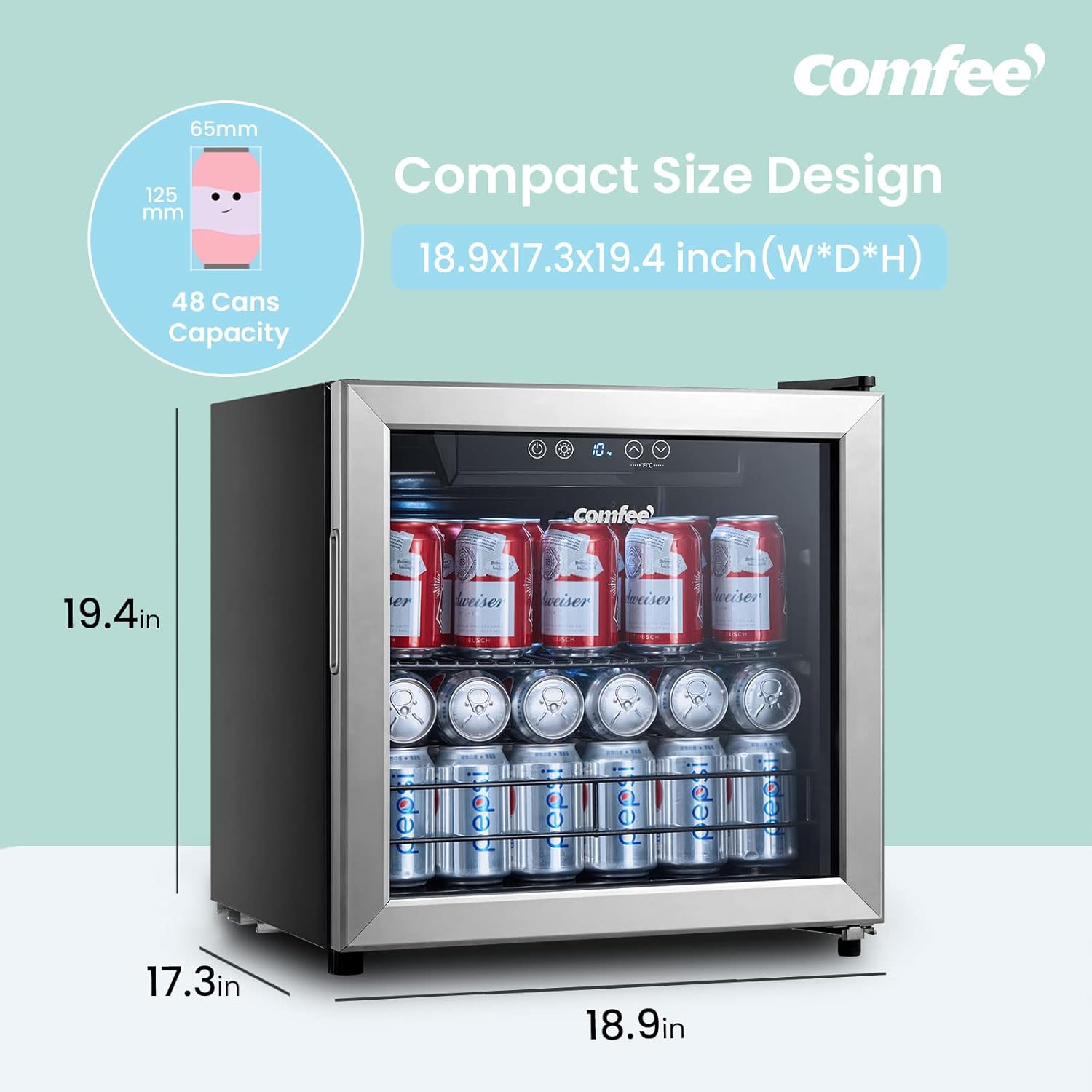 Comfort kitchen' CRV48S3AST Beverage Cooler, 48 Cans Beverage Refrigerator, Digital Temperature Control, Glass Door With Stainless Steel Frame, Reversible Hinge Door And Legs For Home, Apartment,Dorm, Office
