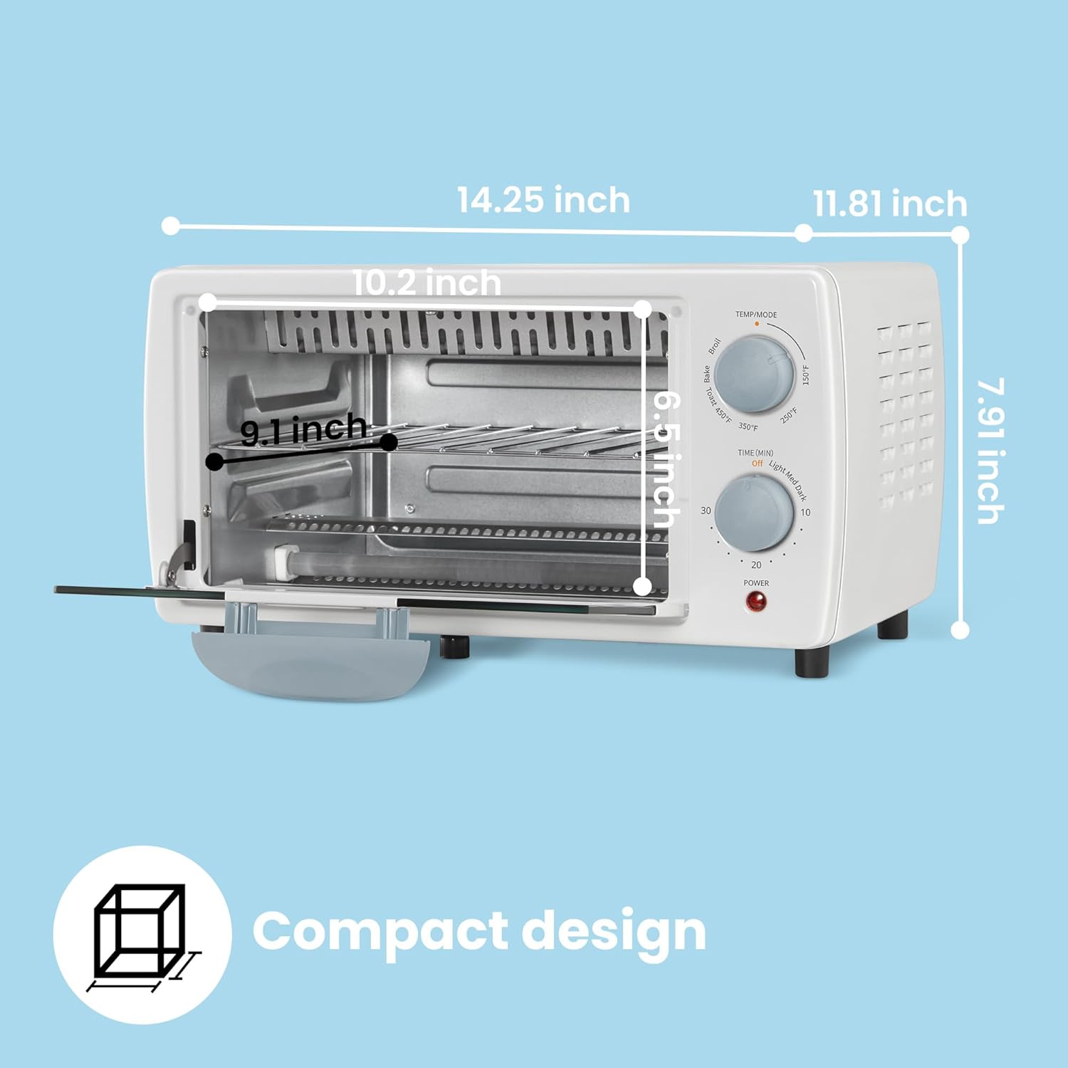 Comfort kitchen' Toaster Oven Countertop, Small Toaster Ovens Combo 4 slice, Mini Oven for 9" Pizza, Compact Oven 2 Racks for Toast, Bake, Broil, 950W, Black, CTO-E101A(BK)