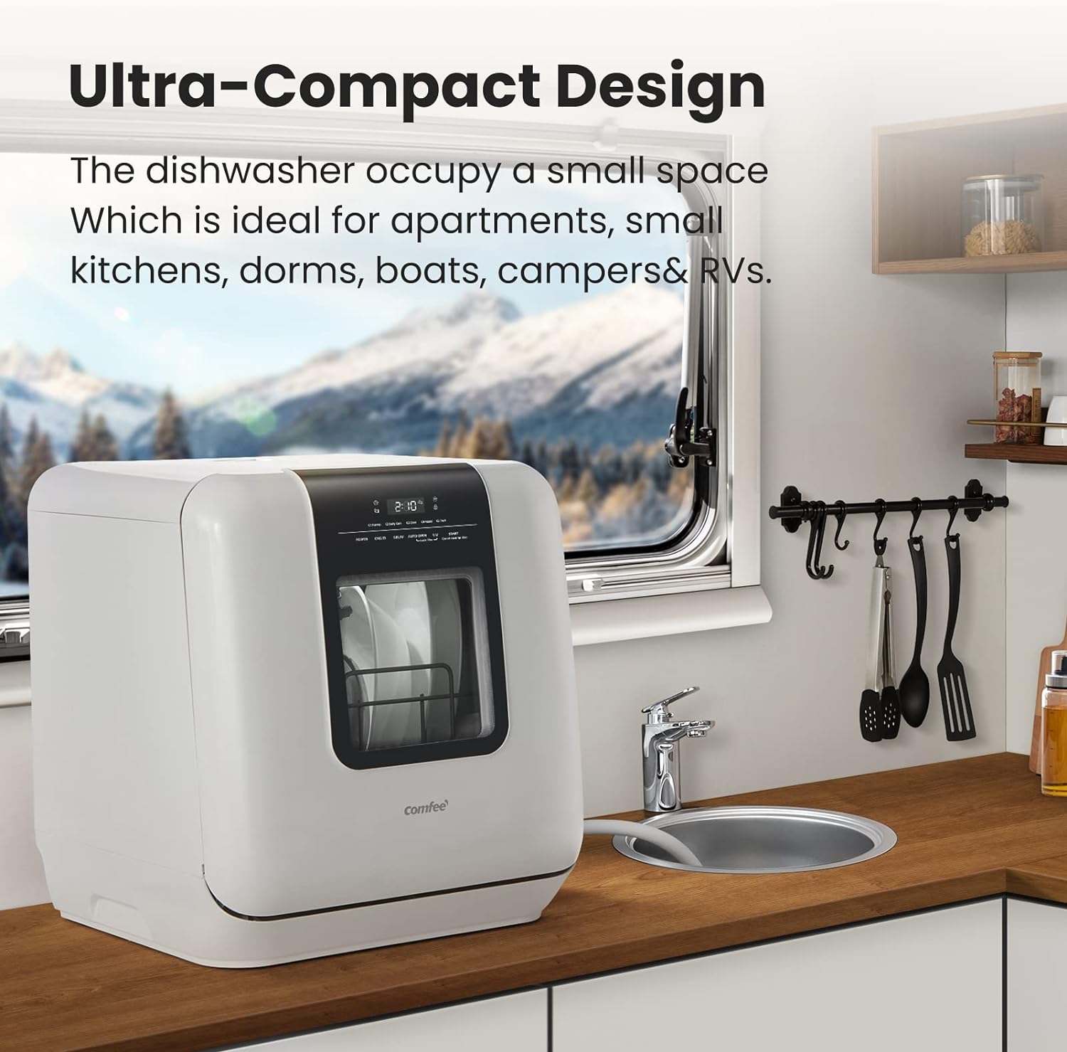 Comfort kitchen' Portable Mini Dishwasher Countertop with 5L Built-in Water Tank for Apartments& RVs, No Hookup Needed, 6 Programs, 360° Dual Spray, 162℉ High-Temp& Air-Dry Function