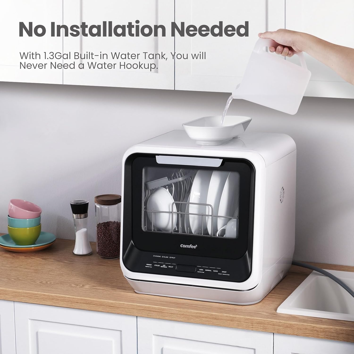 Comfort kitchen' Portable Mini Dishwasher Countertop with 5L Built-in Water Tank for Apartments& RVs, No Hookup Needed, 6 Programs, 360° Dual Spray, 162℉ High-Temp& Air-Dry Function