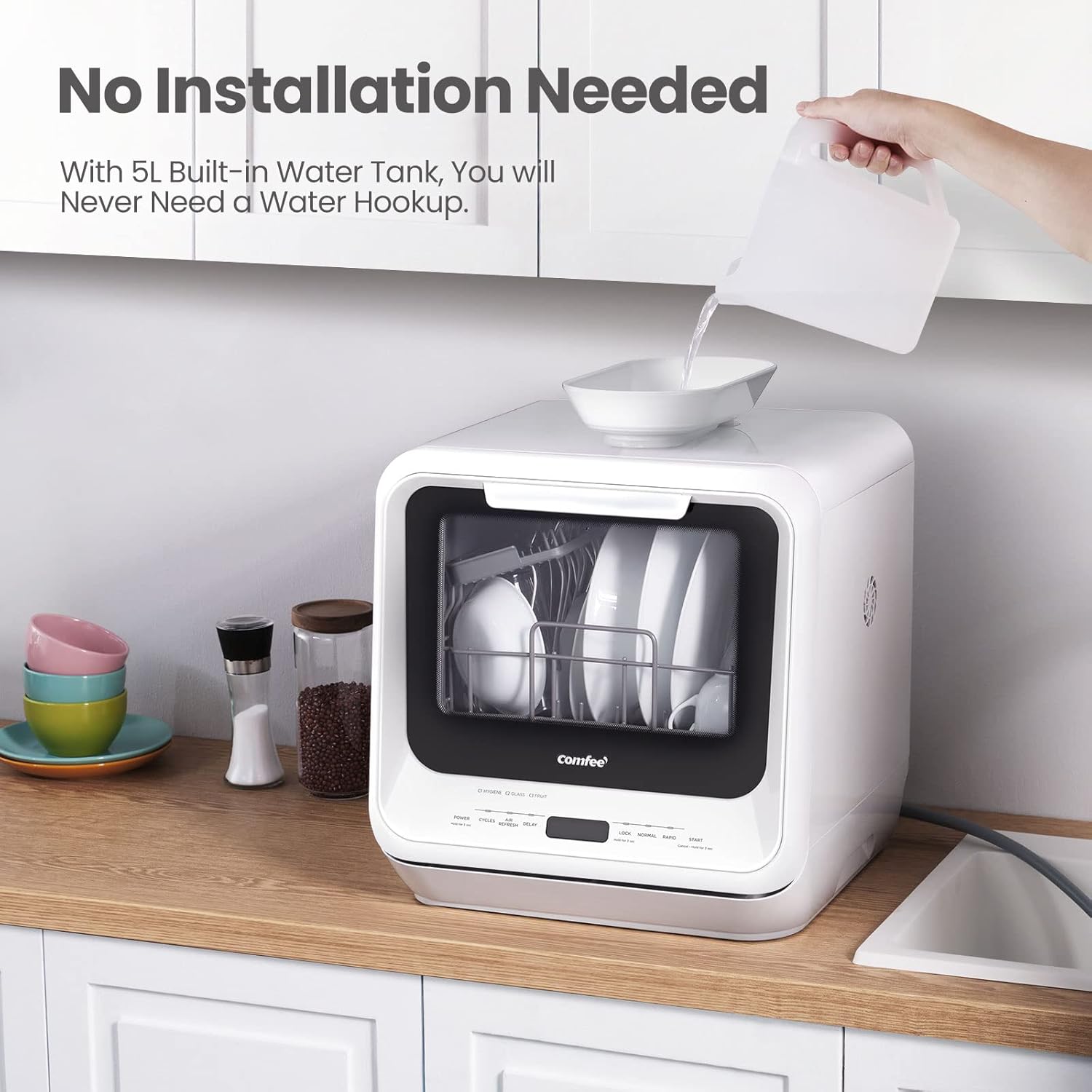 Comfort kitchen' Portable Mini Dishwasher Countertop with 5L Built-in Water Tank for Apartments& RVs, No Hookup Needed, 6 Programs, 360° Dual Spray, 162℉ High-Temp& Air-Dry Function