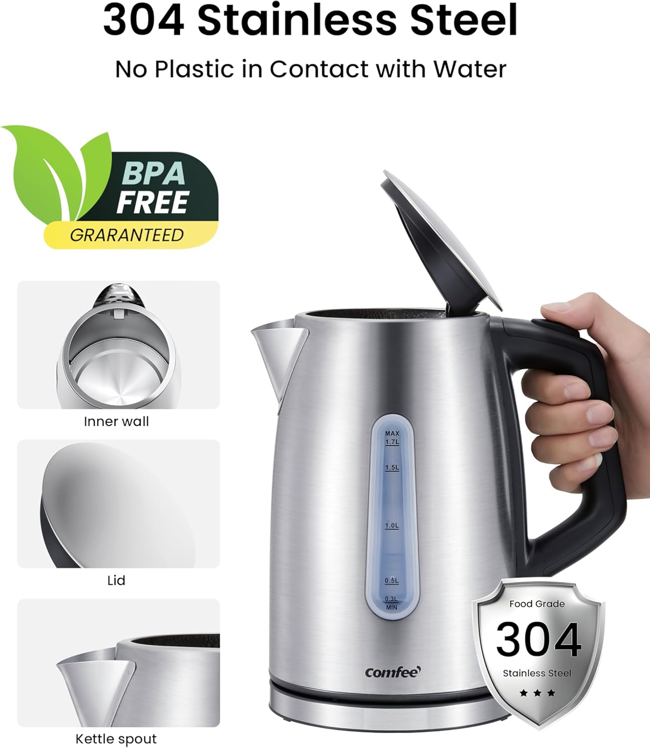 Comfort kitchen' 1.7L Double Wall Electric Tea Kettle and Kettle Water Boiler, 100% Stainless Steel Interior & Lid & Spout, Two-Level Wide Open Lid, 1500W Fast Boiling, Auto-Off and Boil-Dry Protection