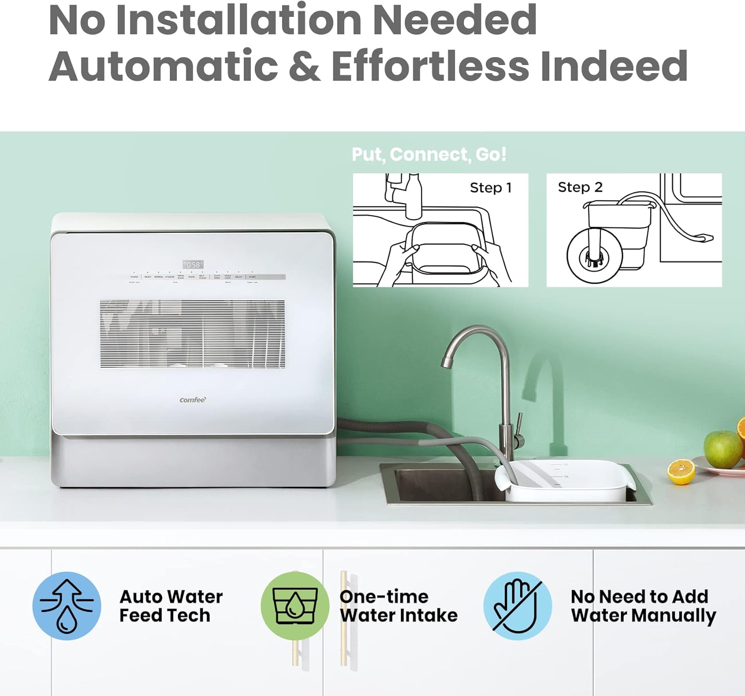 Comfort kitchen' Portable Mini Dishwasher Countertop with 5L Built-in Water Tank for Apartments& RVs, No Hookup Needed, 6 Programs, 360° Dual Spray, 162℉ High-Temp& Air-Dry Function