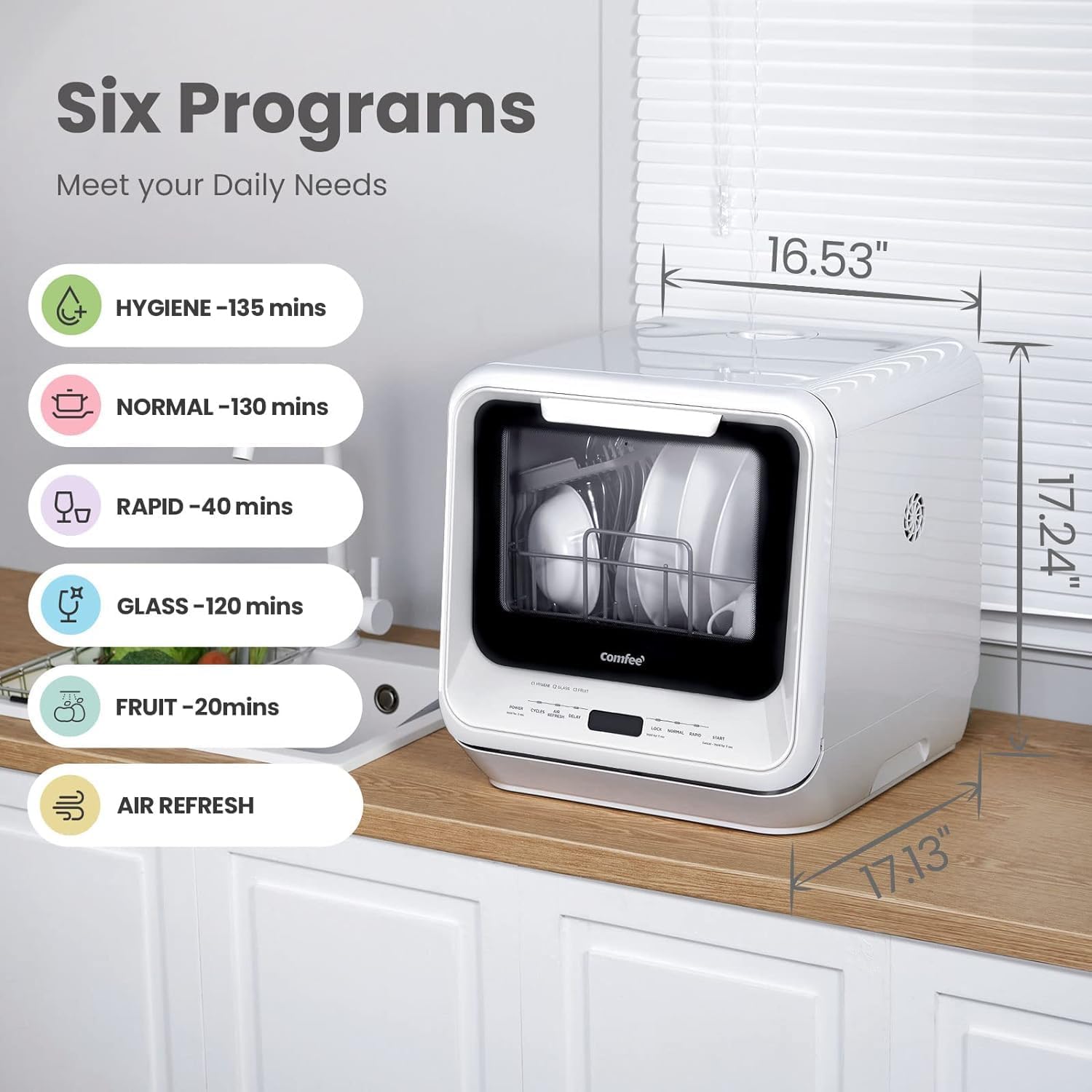 Comfort kitchen' Portable Mini Dishwasher Countertop with 5L Built-in Water Tank for Apartments& RVs, No Hookup Needed, 6 Programs, 360° Dual Spray, 162℉ High-Temp& Air-Dry Function