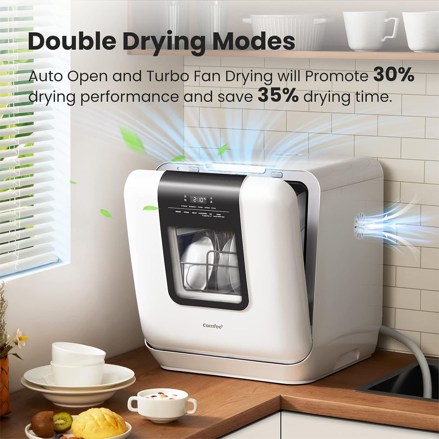 Comfort kitchen' Portable Mini Dishwasher Countertop with 5L Built-in Water Tank for Apartments& RVs, No Hookup Needed, 6 Programs, 360° Dual Spray, 162℉ High-Temp& Air-Dry Function