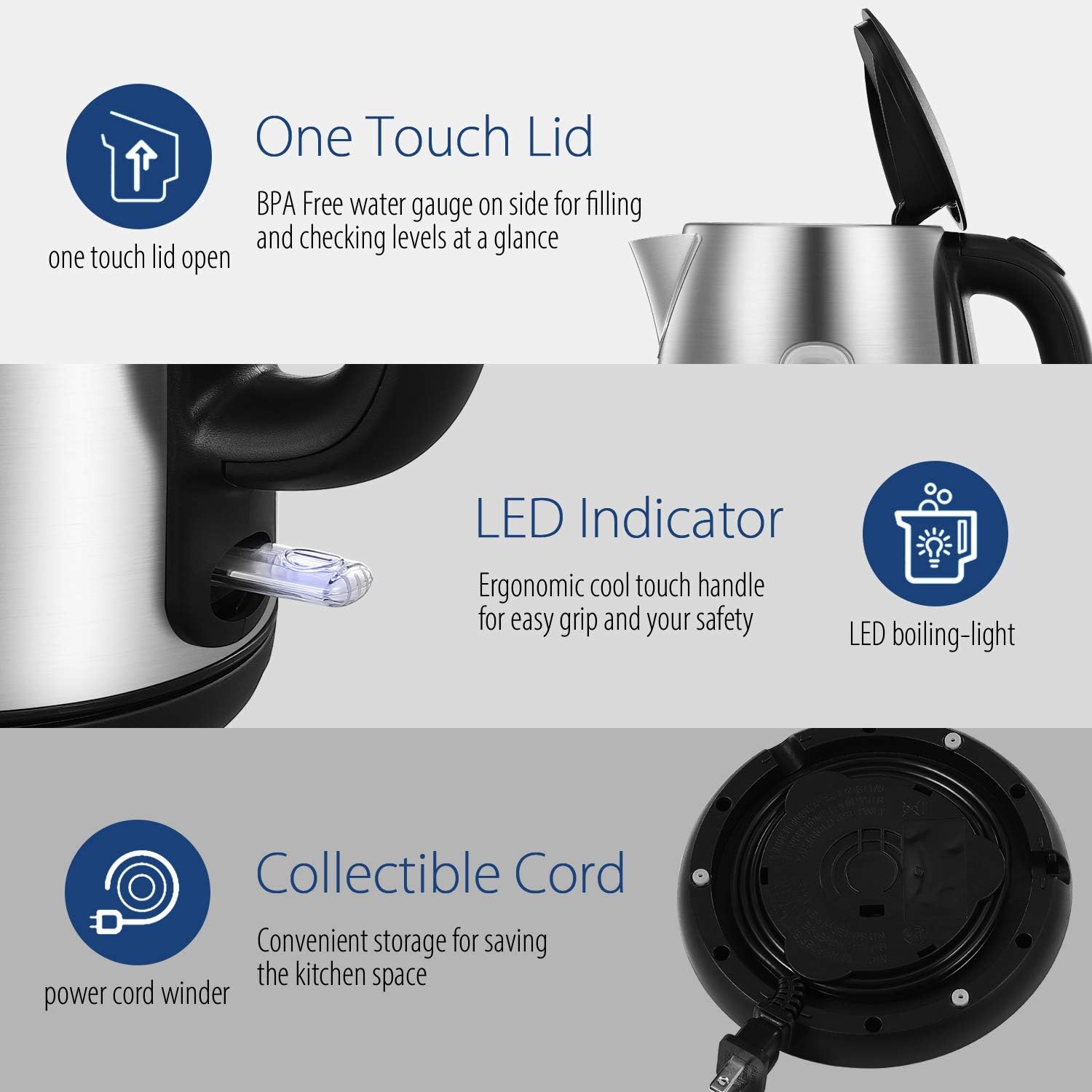 Comfort kitchen' 1.7L Double Wall Electric Tea Kettle and Kettle Water Boiler, 100% Stainless Steel Interior & Lid & Spout, Two-Level Wide Open Lid, 1500W Fast Boiling, Auto-Off and Boil-Dry Protection