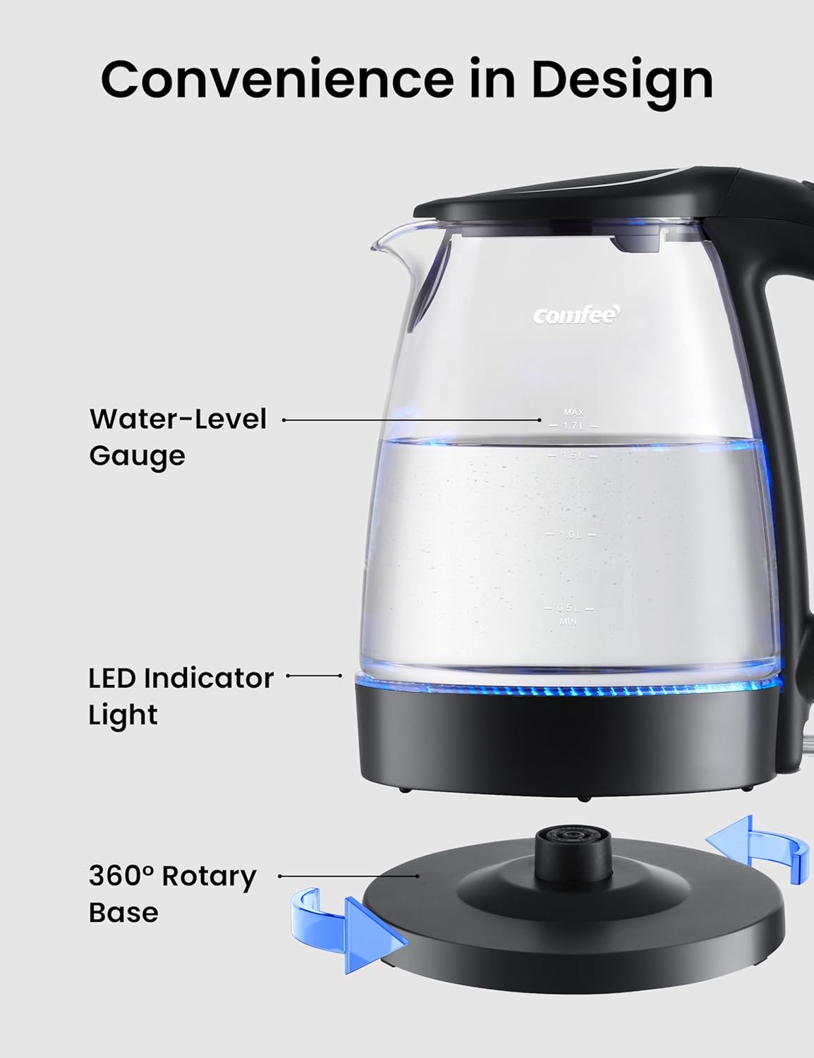 Comfort kitchen' 1.7L Double Wall Electric Tea Kettle and Kettle Water Boiler, 100% Stainless Steel Interior & Lid & Spout, Two-Level Wide Open Lid, 1500W Fast Boiling, Auto-Off and Boil-Dry Protection