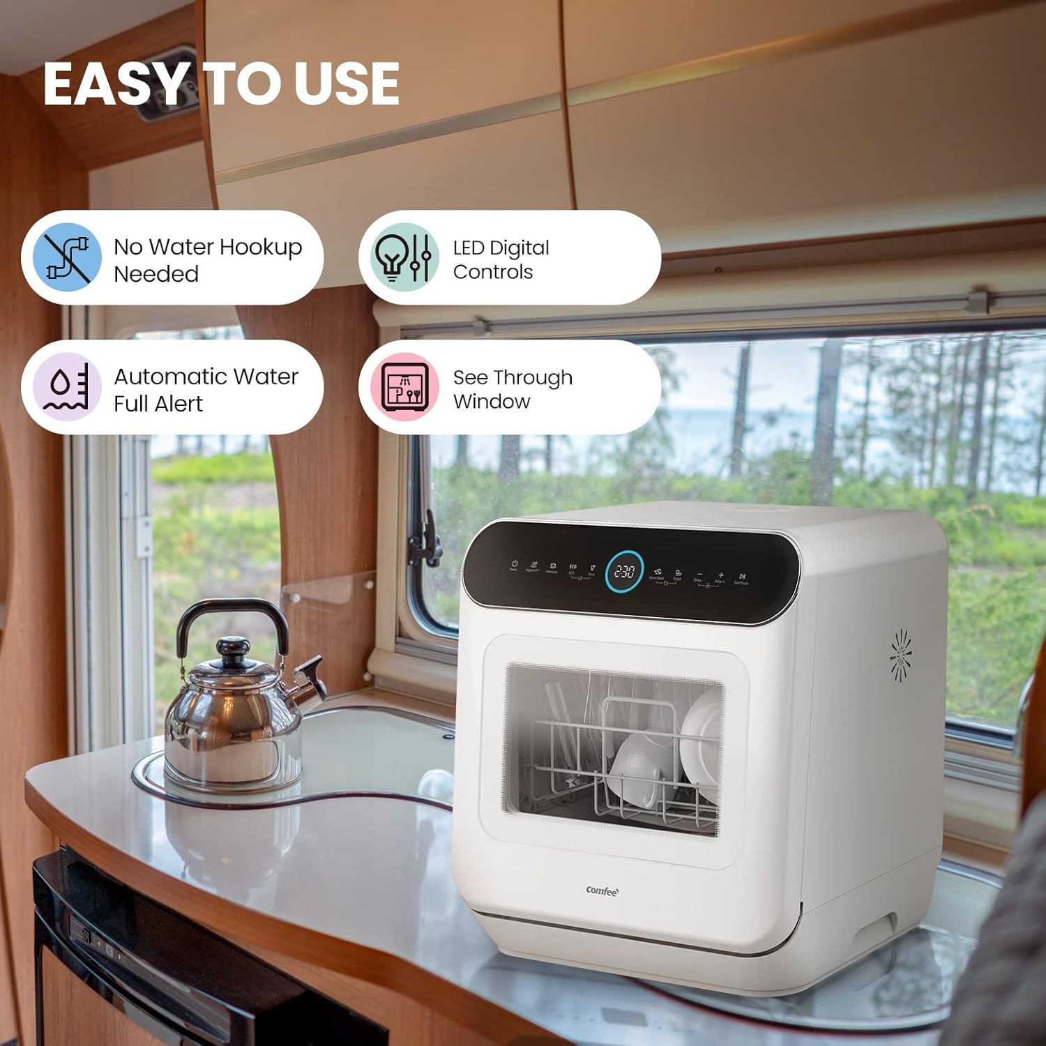 Comfort kitchen' Portable Mini Dishwasher Countertop with 5L Built-in Water Tank for Apartments& RVs, No Hookup Needed, 6 Programs, 360° Dual Spray, 162℉ High-Temp& Air-Dry Function