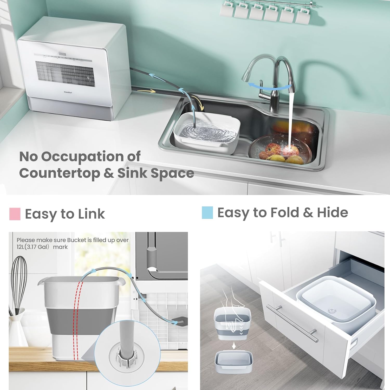 Comfort kitchen' Portable Mini Dishwasher Countertop with 5L Built-in Water Tank for Apartments& RVs, No Hookup Needed, 6 Programs, 360° Dual Spray, 162℉ High-Temp& Air-Dry Function