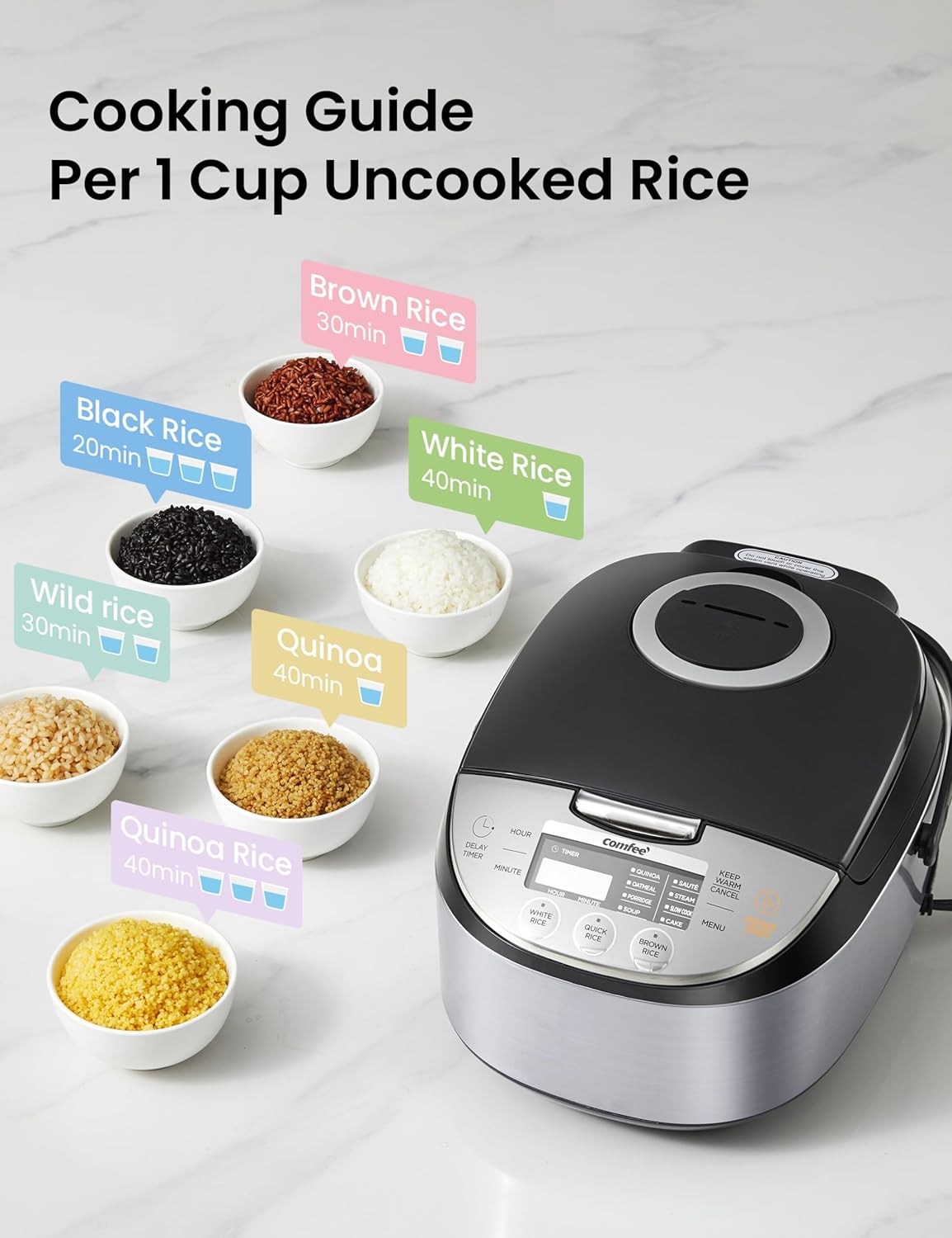 Comfort kitchen' Rice Cooker 12 Cups Cooked/6 Cups Uncooked, Portable Non-Stick Rice Maker, Japanese Rice Cooker with Fuzzy Logic Technology, 24-Hour Timer Delay, 11 Presets, Steamer, Fast Rice Cooker, Grain Cooker, Black