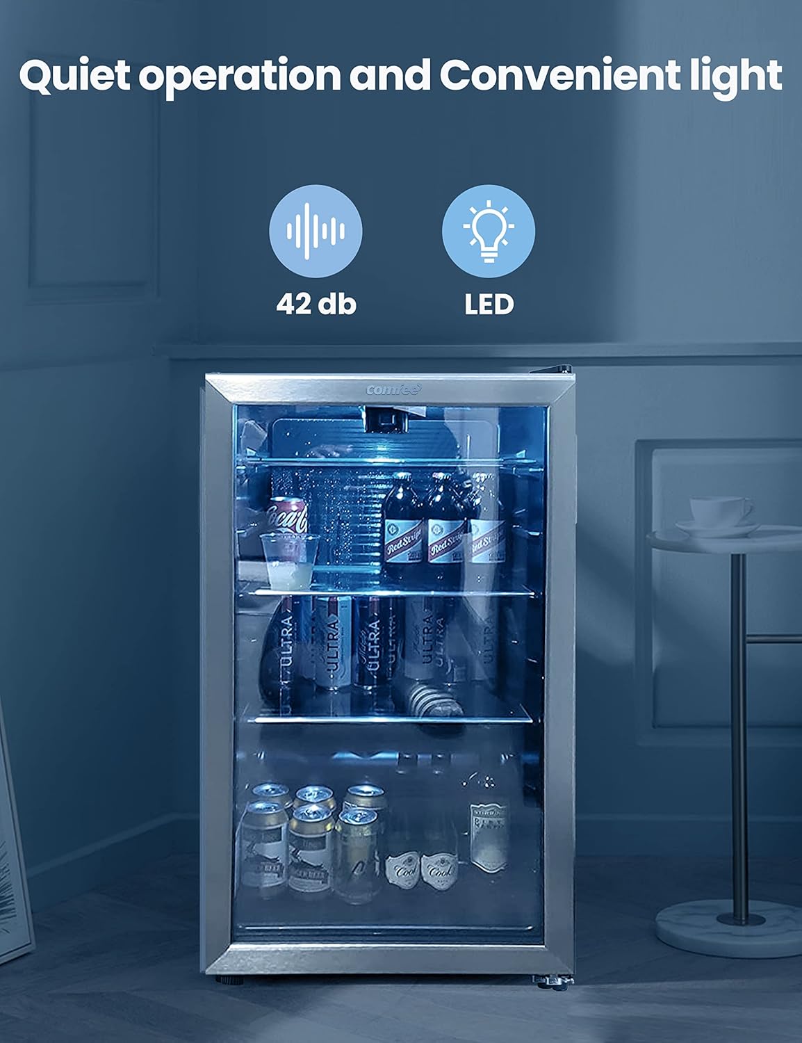 Comfort kitchen' CRV115TAST Cooler, 115 Cans Beverage Refrigerator, Adjustable Thermostat, Glass Door With Stainless Steel Frame, Reversible Hinge Door And Legs For Home, Apartment
