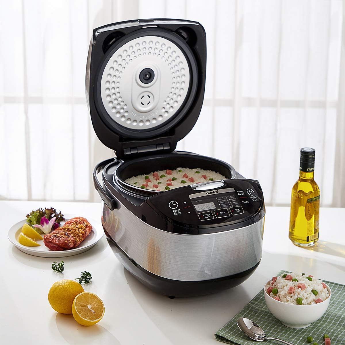 Comfort kitchen' Rice Cooker 12 Cups Cooked/6 Cups Uncooked, Portable Non-Stick Rice Maker, Japanese Rice Cooker with Fuzzy Logic Technology, 24-Hour Timer Delay, 11 Presets, Steamer, Fast Rice Cooker, Grain Cooker, Black