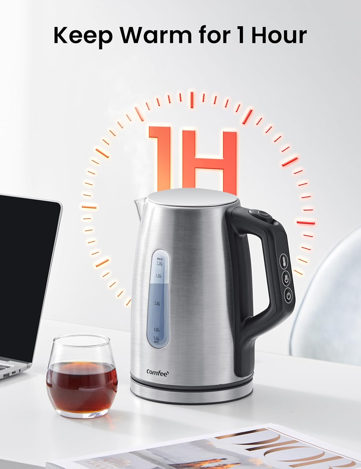 Comfort kitchen' 1.7L Double Wall Electric Tea Kettle and Kettle Water Boiler, 100% Stainless Steel Interior & Lid & Spout, Two-Level Wide Open Lid, 1500W Fast Boiling, Auto-Off and Boil-Dry Protection