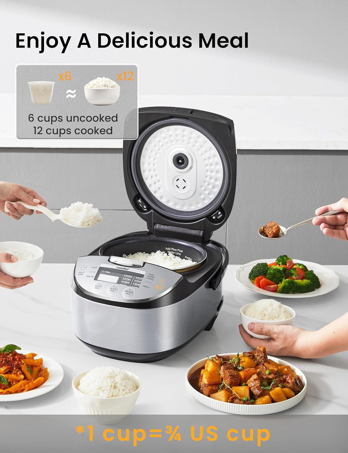 Comfort kitchen' Rice Cooker 12 Cups Cooked/6 Cups Uncooked, Portable Non-Stick Rice Maker, Japanese Rice Cooker with Fuzzy Logic Technology, 24-Hour Timer Delay, 11 Presets, Steamer, Fast Rice Cooker, Grain Cooker, Black