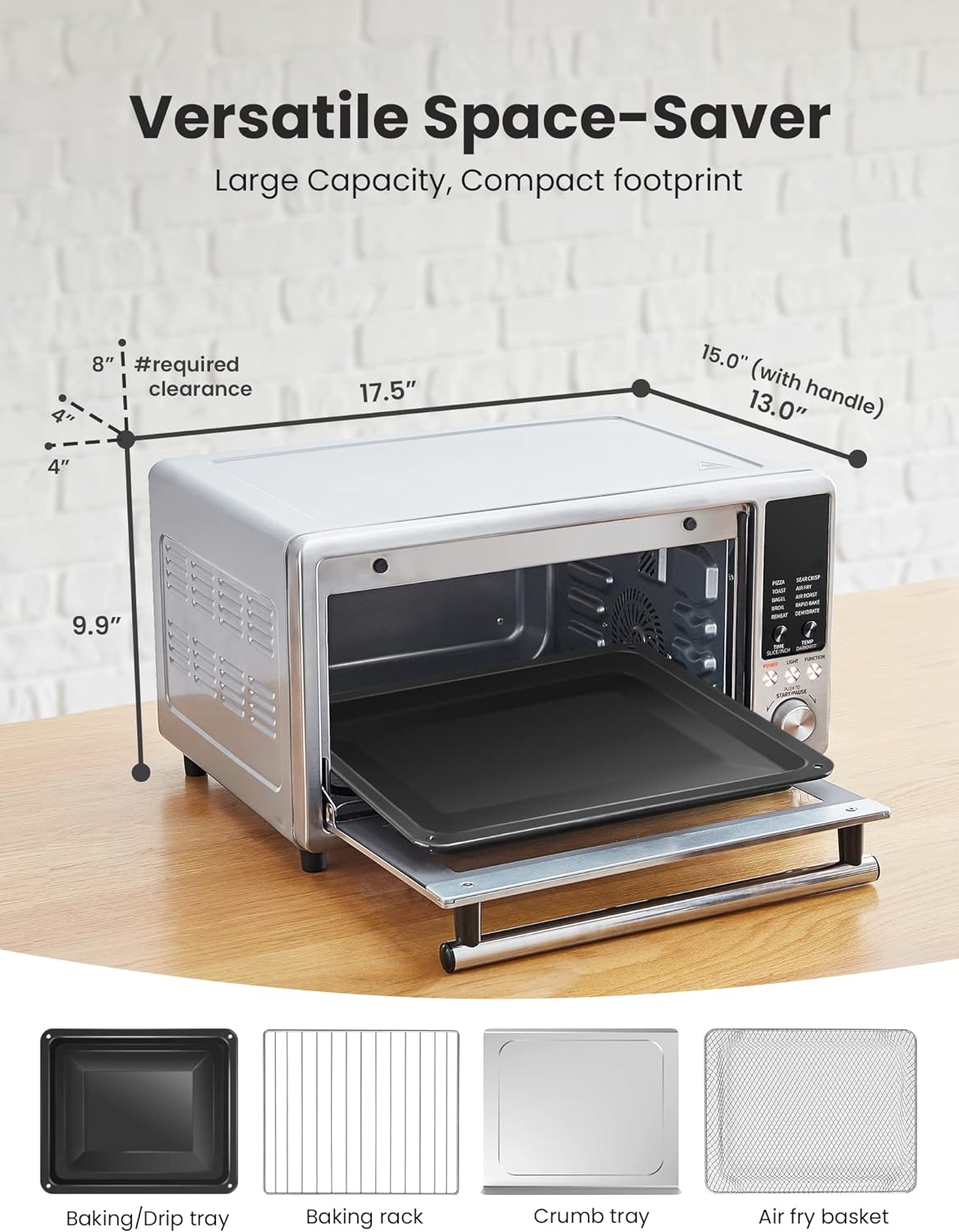 Comfort kitchen' Toaster Oven Air Fryer FLASHWAVE™ Ultra-Rapid Heat Technology, Convection Toaster Oven Countertop with Bake Broil Roast, 6 Slices Fits 12’’ Pizza 24QT, 4 Accessories 1750W Stainless Steel