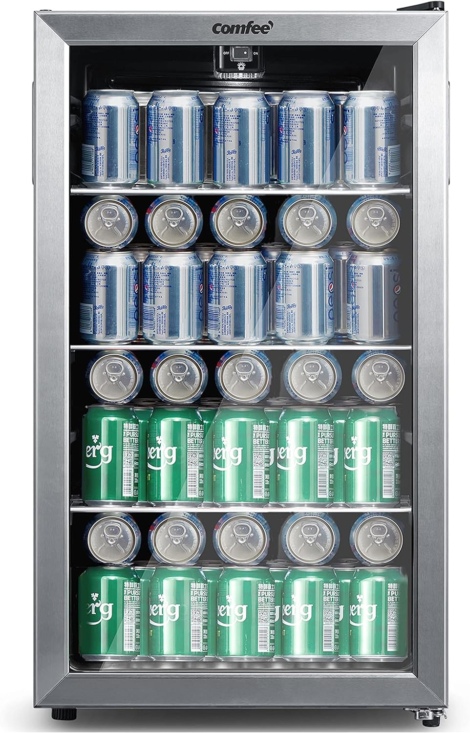 Comfort kitchen' CRV115TAST Cooler, 115 Cans Beverage Refrigerator, Adjustable Thermostat, Glass Door With Stainless Steel Frame, Reversible Hinge Door And Legs For Home, Apartment