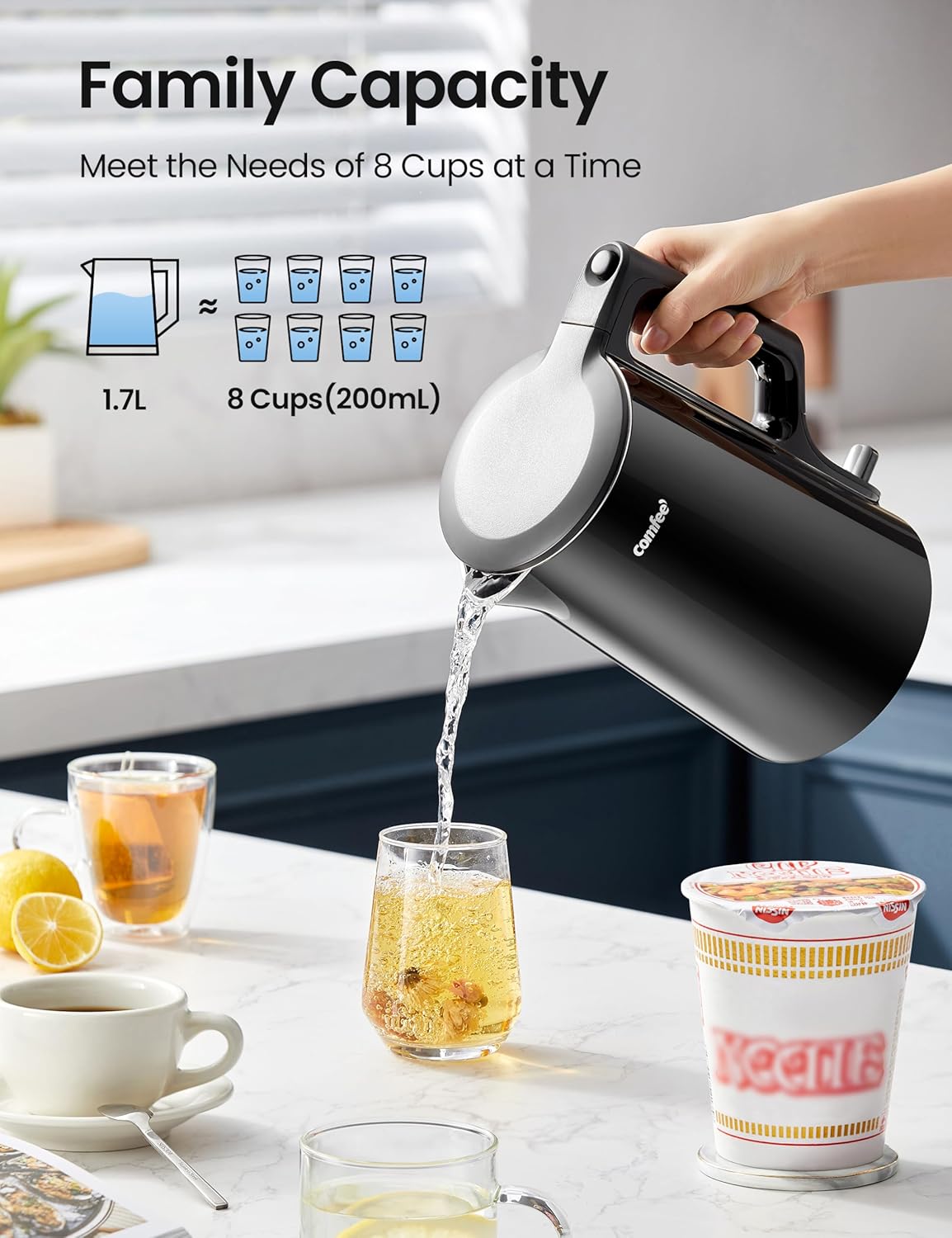 Comfort kitchen' 1.7L Double Wall Electric Tea Kettle and Kettle Water Boiler, 100% Stainless Steel Interior & Lid & Spout, Two-Level Wide Open Lid, 1500W Fast Boiling, Auto-Off and Boil-Dry Protection