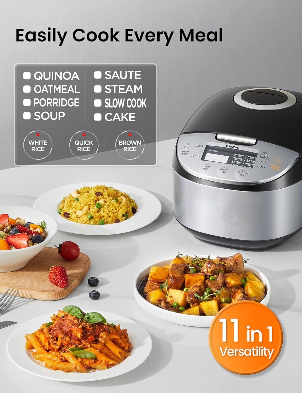 Comfort kitchen' Rice Cooker 12 Cups Cooked/6 Cups Uncooked, Portable Non-Stick Rice Maker, Japanese Rice Cooker with Fuzzy Logic Technology, 24-Hour Timer Delay, 11 Presets, Steamer, Fast Rice Cooker, Grain Cooker, Black