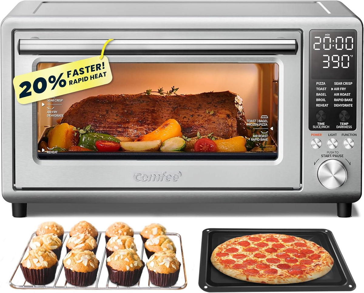 Comfort kitchen' Toaster Oven Air Fryer FLASHWAVE™ Ultra-Rapid Heat Technology, Convection Toaster Oven Countertop with Bake Broil Roast, 6 Slices Fits 12’’ Pizza 24QT, 4 Accessories 1750W Stainless Steel