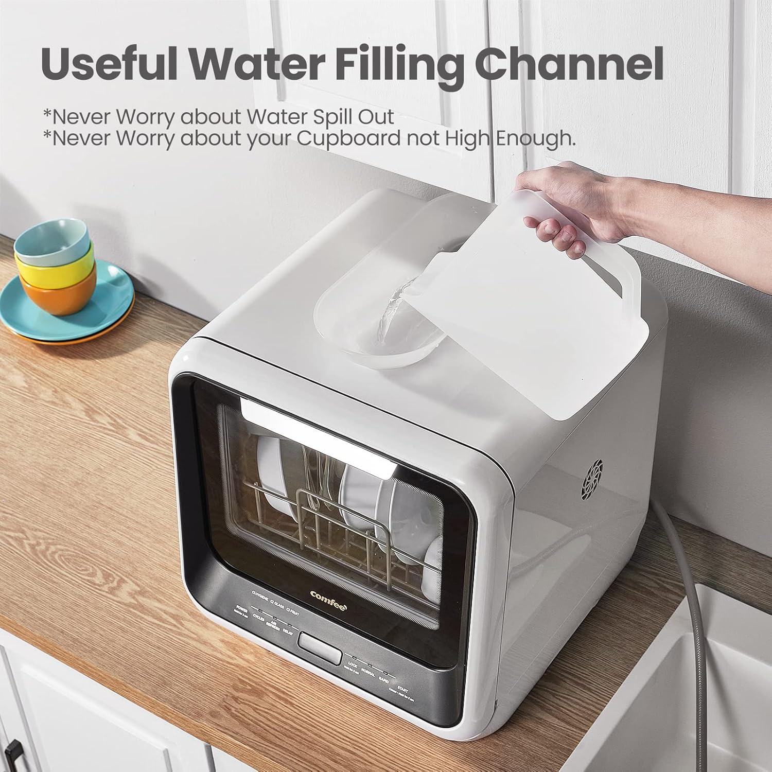 Comfort kitchen' Portable Mini Dishwasher Countertop with 5L Built-in Water Tank for Apartments& RVs, No Hookup Needed, 6 Programs, 360° Dual Spray, 162℉ High-Temp& Air-Dry Function