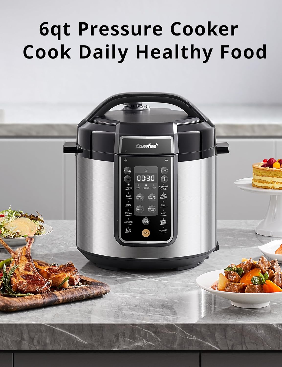 Comfort kitchen’ Pressure Cooker 6 Quart with 13 Cooking Functions, Olla de Presion Non-Stick Pot Yogurt Maker Rice Cooker Slow Cooker Sauté Steamer, Healthy Ceramic Inner Pot