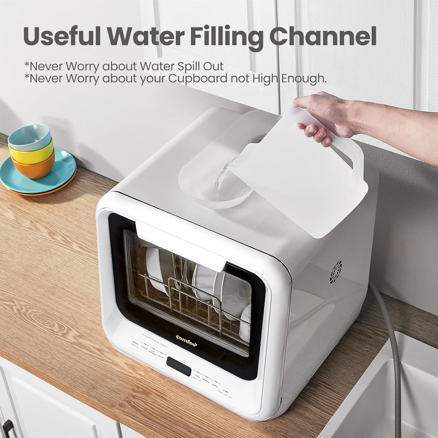 Comfort kitchen' Portable Mini Dishwasher Countertop with 5L Built-in Water Tank for Apartments& RVs, No Hookup Needed, 6 Programs, 360° Dual Spray, 162℉ High-Temp& Air-Dry Function