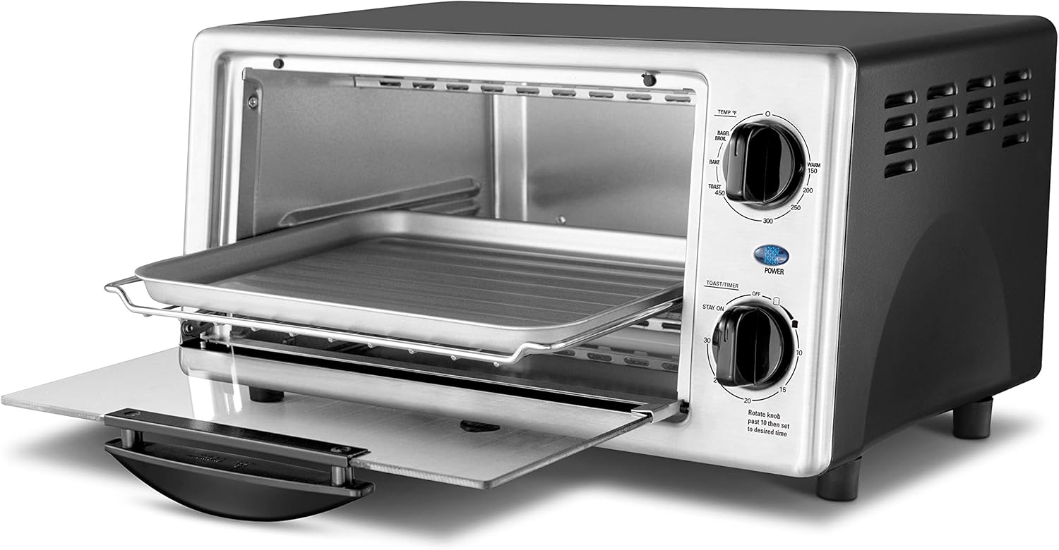 Comfort kitchen' Toaster Oven Countertop, Small Toaster Ovens Combo 4 slice, Mini Oven for 9" Pizza, Compact Oven 2 Racks for Toast, Bake, Broil, 950W, Black, CTO-E101A(BK)