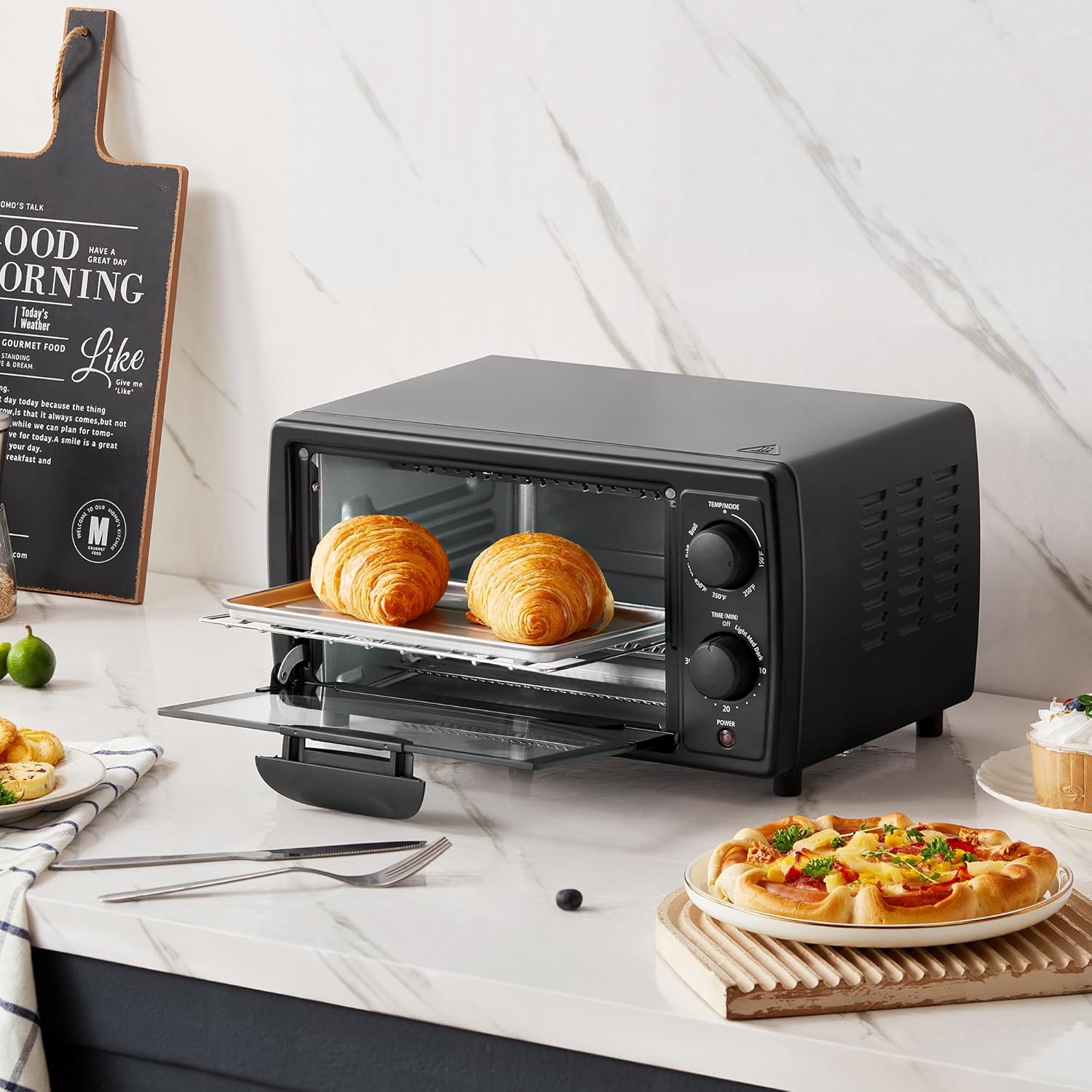 Comfort kitchen' Toaster Oven Countertop, Small Toaster Ovens Combo 4 slice, Mini Oven for 9" Pizza, Compact Oven 2 Racks for Toast, Bake, Broil, 950W, Black, CTO-E101A(BK)