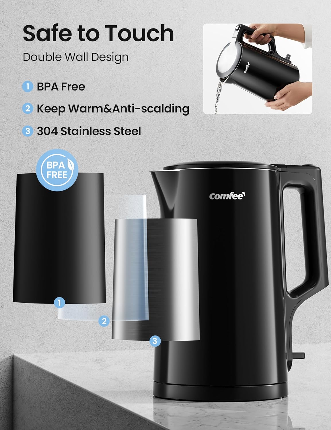 Comfort kitchen' 1.7L Double Wall Electric Tea Kettle and Kettle Water Boiler, 100% Stainless Steel Interior & Lid & Spout, Two-Level Wide Open Lid, 1500W Fast Boiling, Auto-Off and Boil-Dry Protection