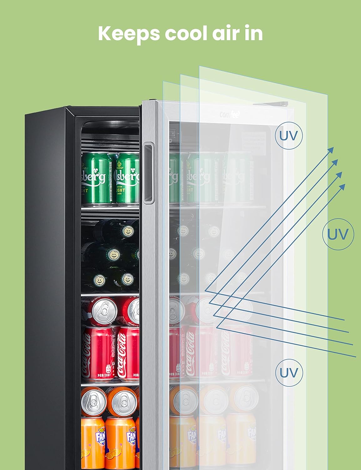 Comfort kitchen' CRV115TAST Cooler, 115 Cans Beverage Refrigerator, Adjustable Thermostat, Glass Door With Stainless Steel Frame, Reversible Hinge Door And Legs For Home, Apartment