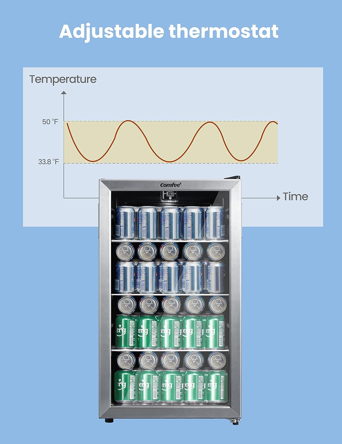 Comfort kitchen' CRV115TAST Cooler, 115 Cans Beverage Refrigerator, Adjustable Thermostat, Glass Door With Stainless Steel Frame, Reversible Hinge Door And Legs For Home, Apartment