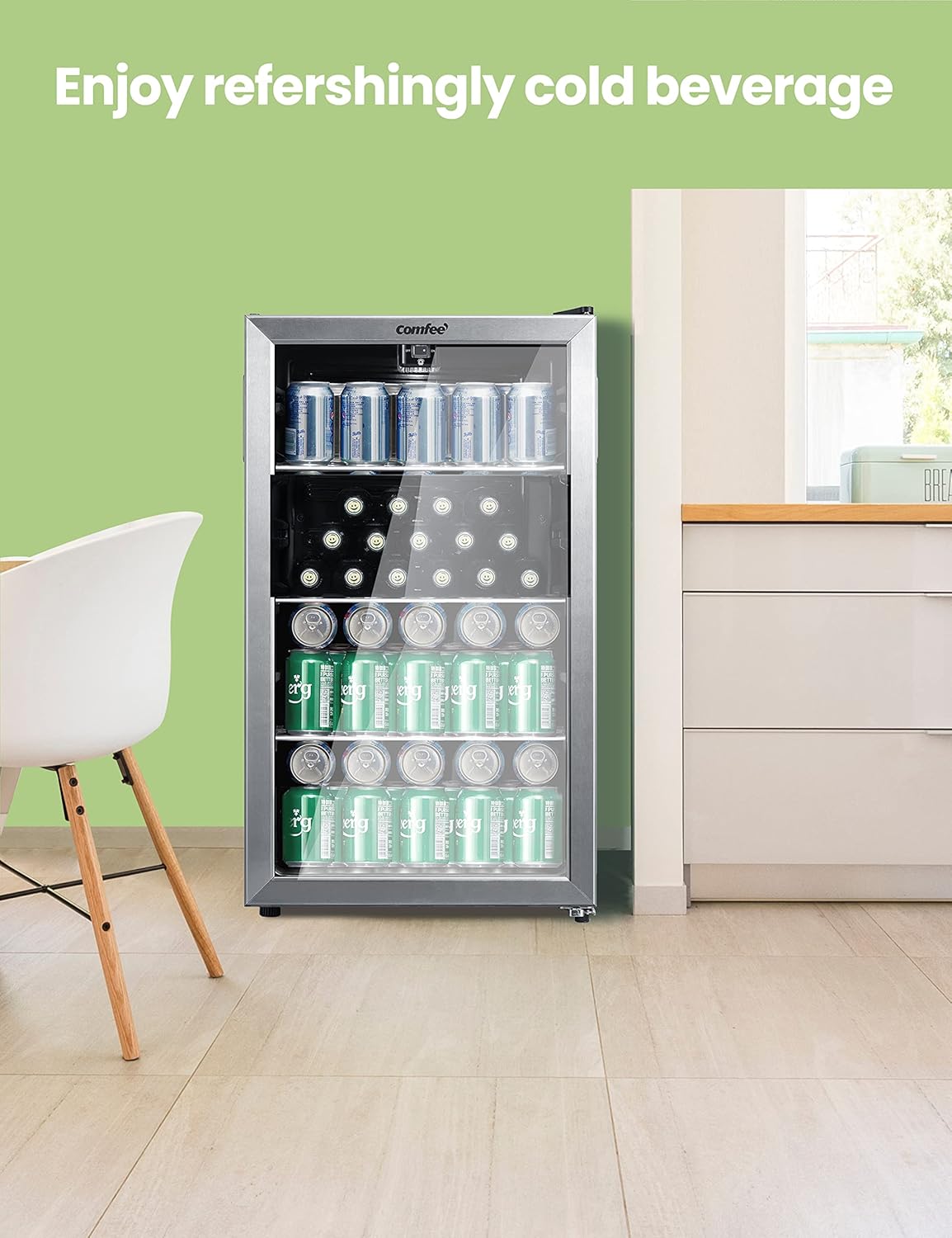 Comfort kitchen' CRV115TAST Cooler, 115 Cans Beverage Refrigerator, Adjustable Thermostat, Glass Door With Stainless Steel Frame, Reversible Hinge Door And Legs For Home, Apartment