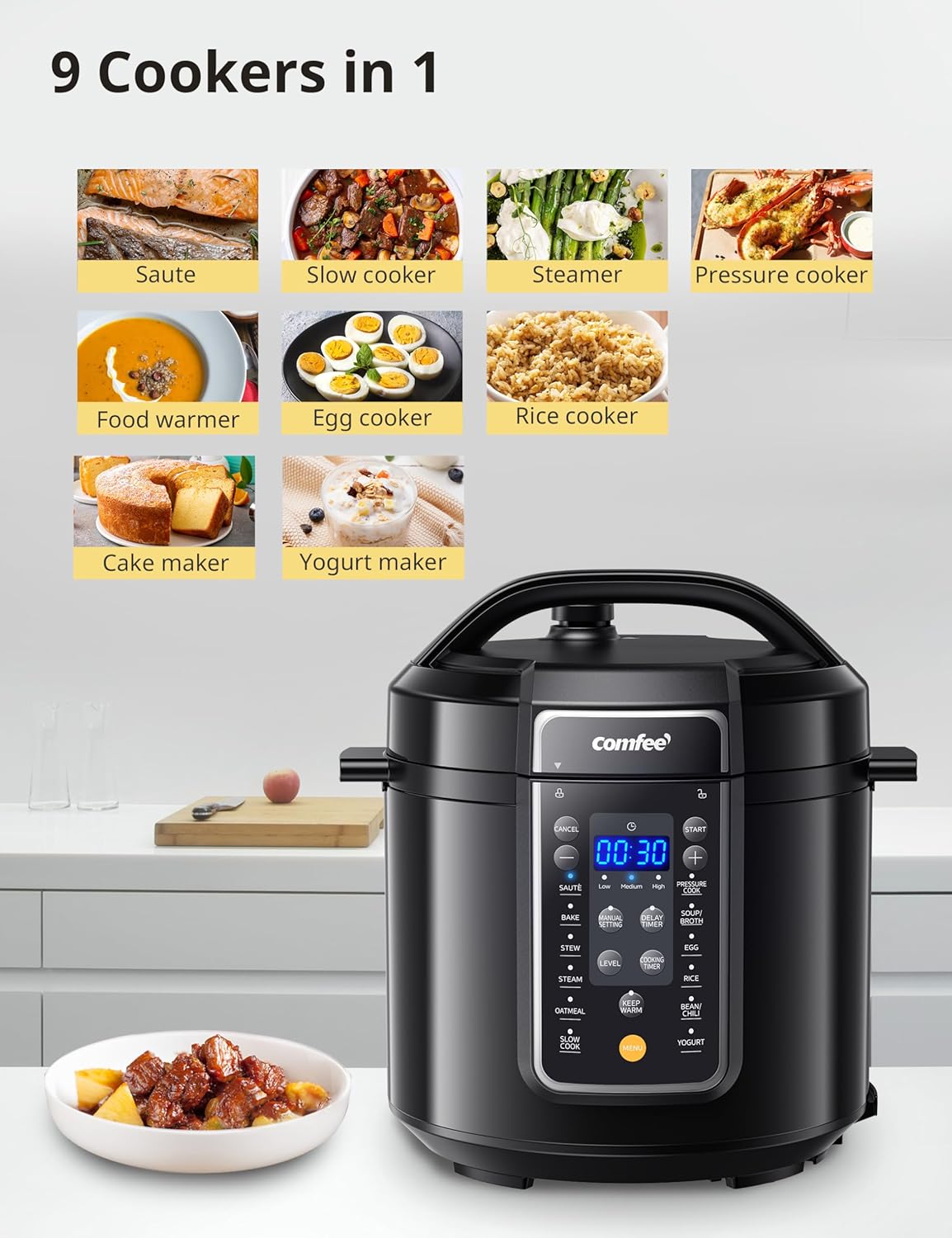 Comfort kitchen’ 16 in 1 Electric Pressure Cooker Instant Multi Cooker Olla de Presion Non-Stick Pot Yogurt Maker Rice Cooker Slow Cooker Sauté Steamer 8 Quarts for Family Feast